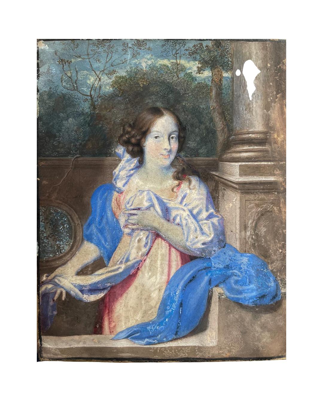 Portrait Painting di Unknown - Portrait From The Dutch School, Circa 1670, Young Lady In A Garden