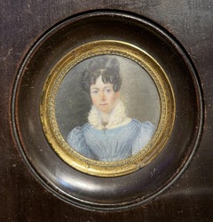 Portrait Miniature Of A Lady In Blue Dress With Tulle Ruffled Collar, Restoratio