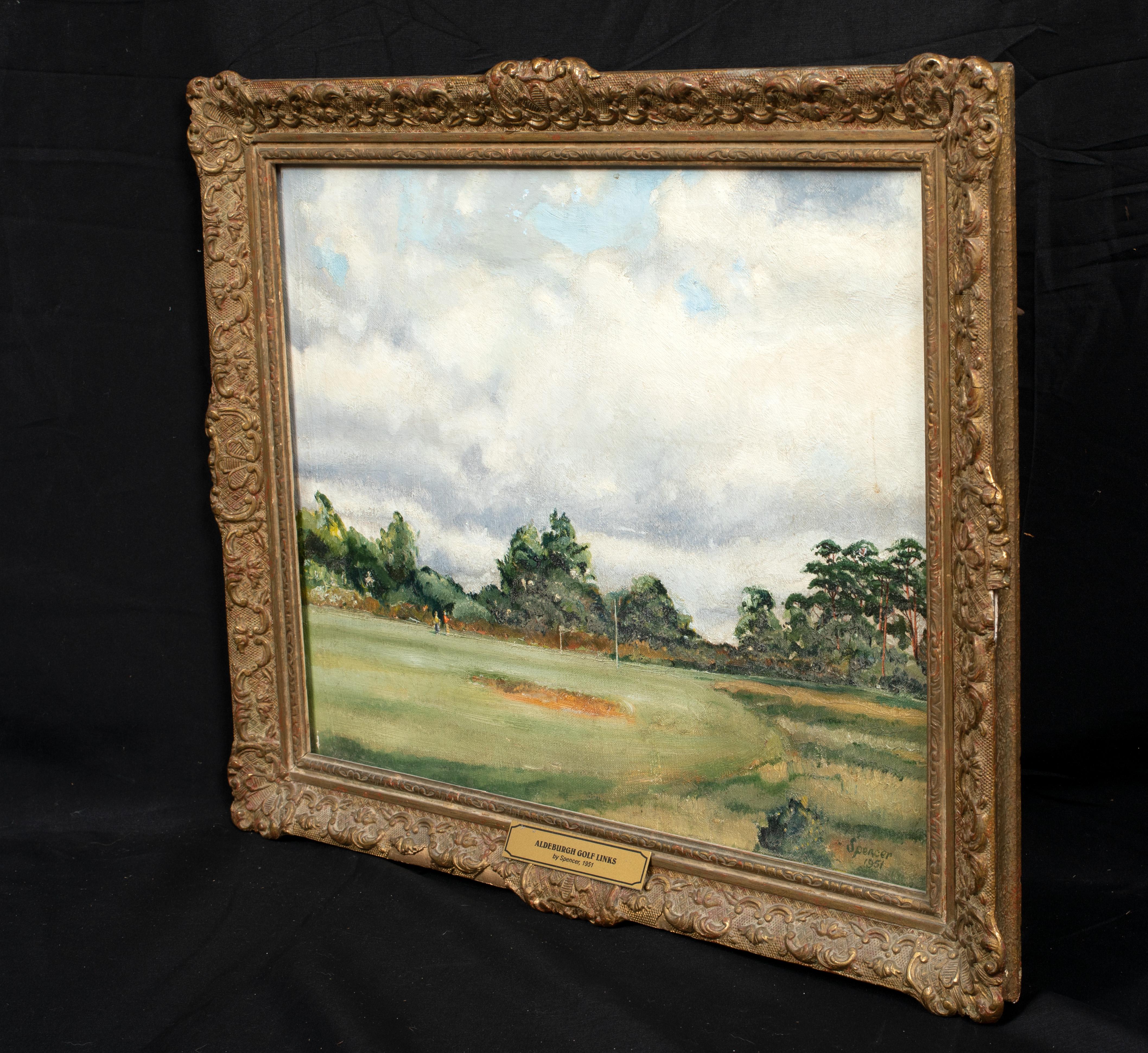 Portrait d'un terrain de golf d'Aldeburgh, daté de 1951

École d'anglais signée Spencer

vue du 20e siècle d'un personnage jouant au golf à Aldeburgh Golf Course, Suffolk, huile sur toile de Spencer. Excellente qualité et condition de la vue