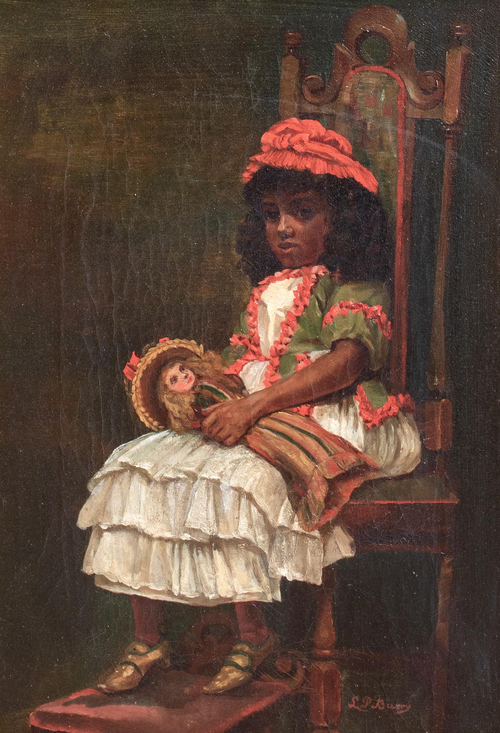 Portrait Of A Black Girl With A White Doll, 19th Century  by L P Burey - Brown Portrait Painting by Unknown