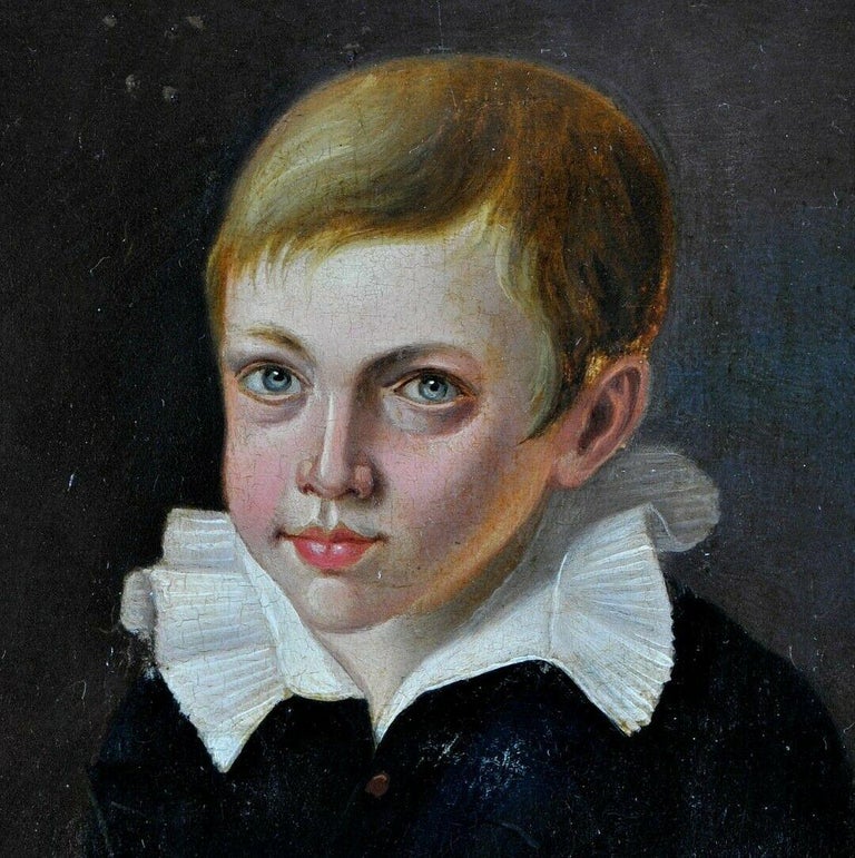 Portrait of a Boy - 18th Century French Oil on Panel Antique Painting For Sale 1
