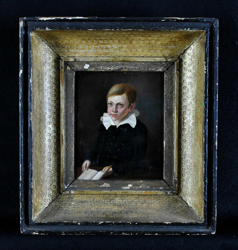 Portrait of a Boy - 18th Century French Oil on Panel Antique Painting For Sale 3