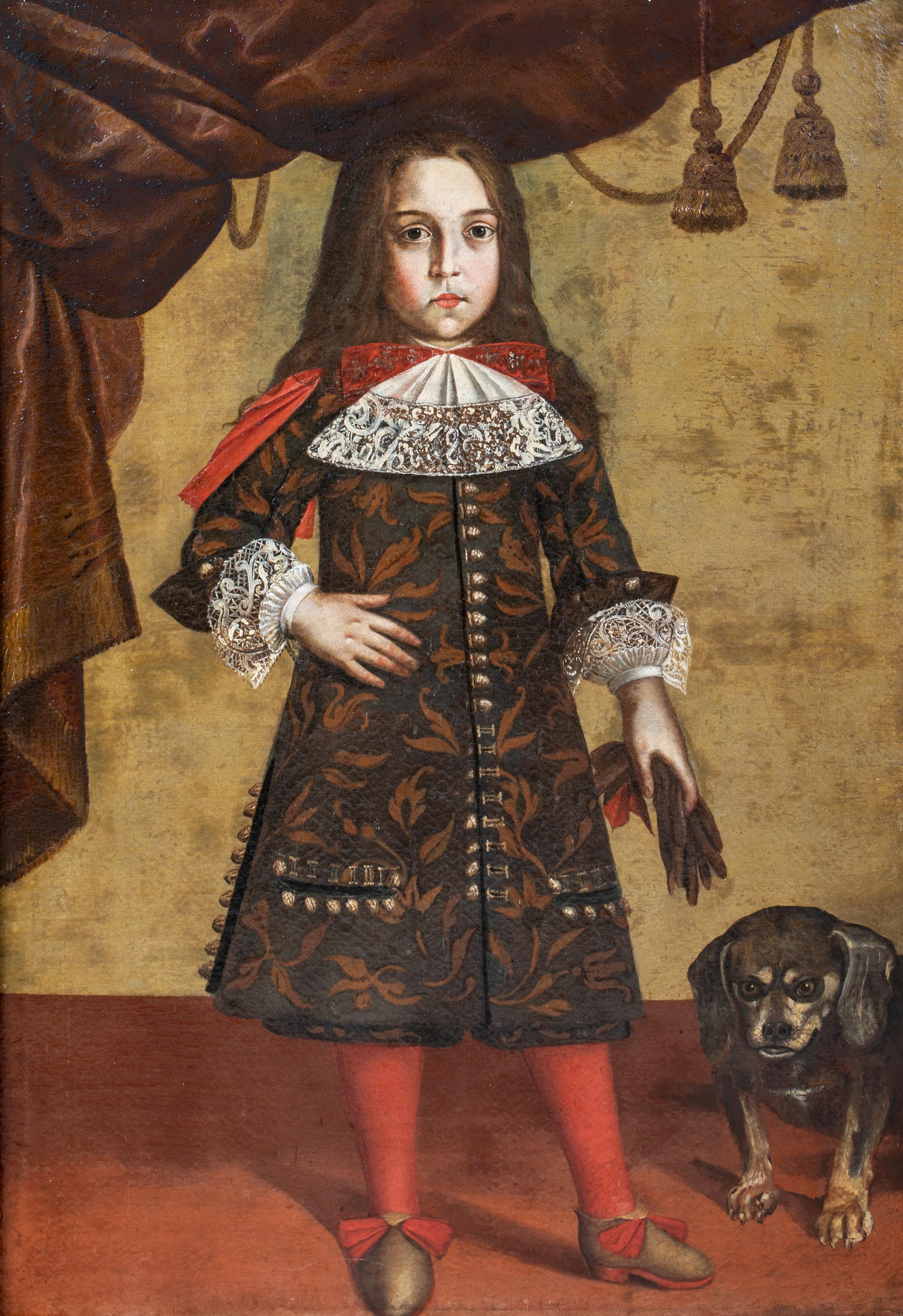 Portrait d'un garçon et d'un chien, 17e siècle   École piémontaise vers 1620 - Marron Portrait Painting par Unknown