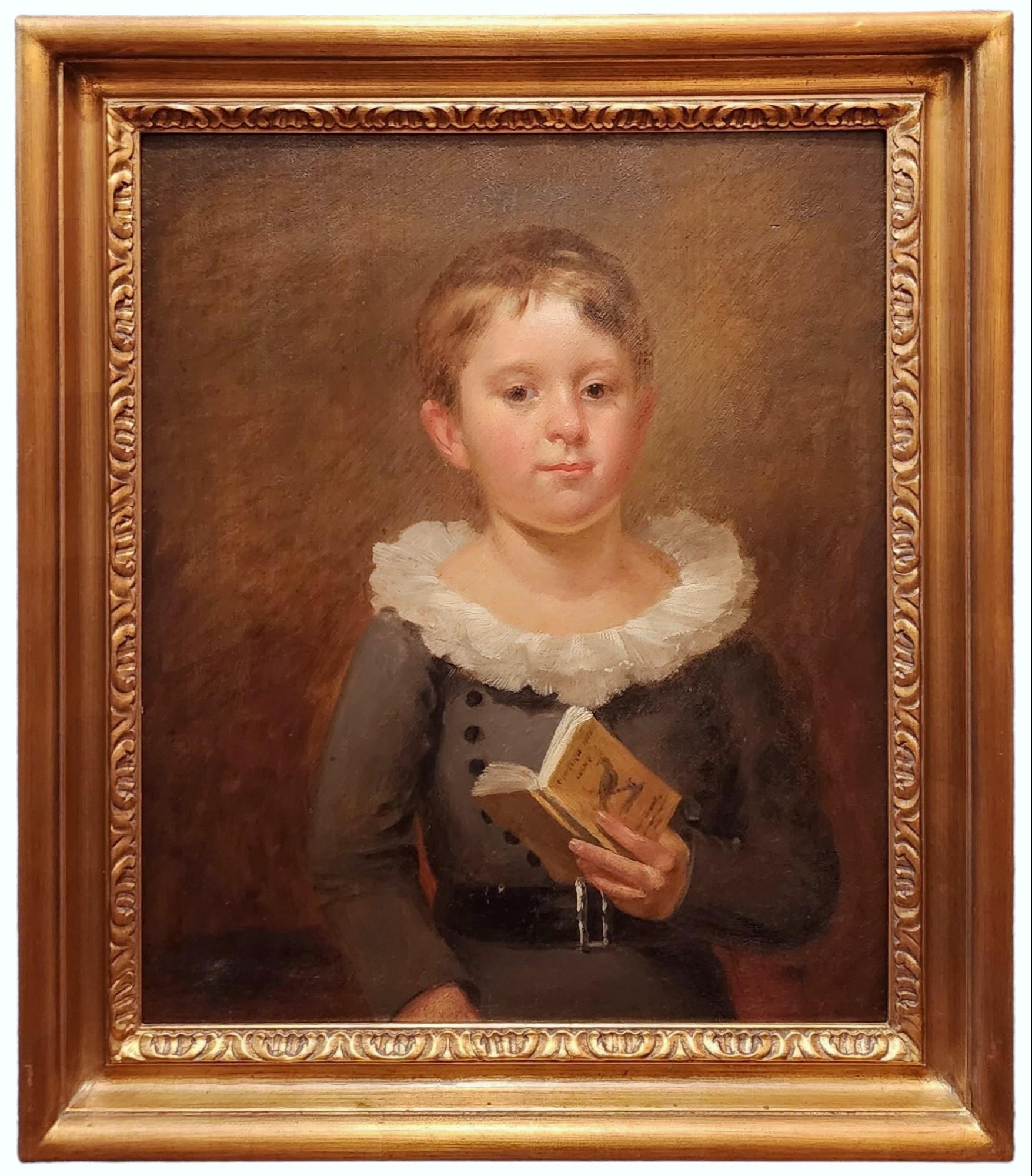 Portrait Painting Unknown - Portrait d'un garçon tenant un livre, portrait américain ancien, art populaire américain