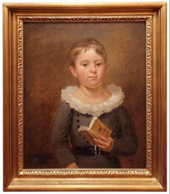 Portrait d'un garçon tenant un livre, portrait américain ancien, art populaire américain