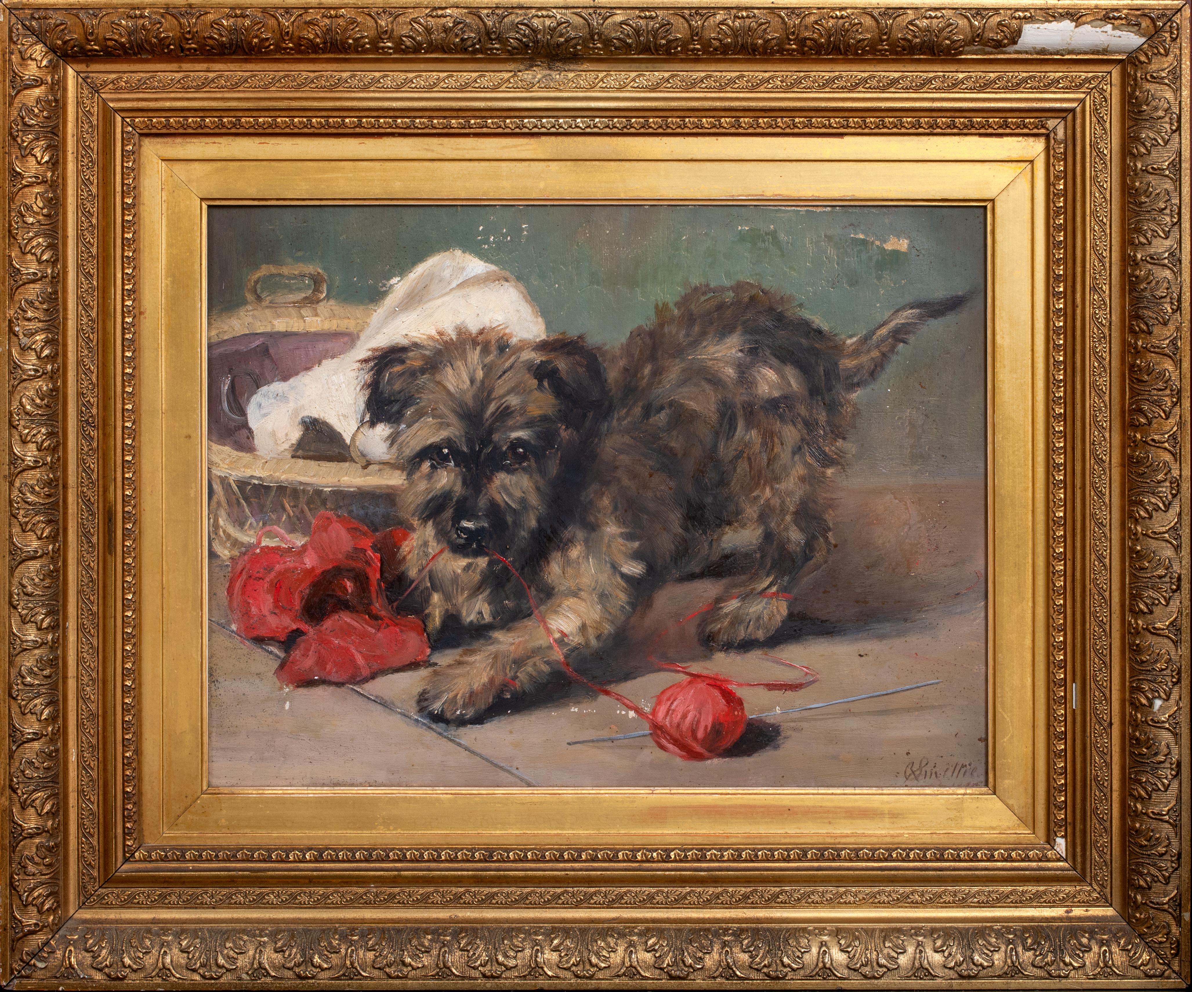 Unknown Animal Painting - Portrait Of A Carin Terrier Puppy Playing, 19th Century  by Robert Smellie