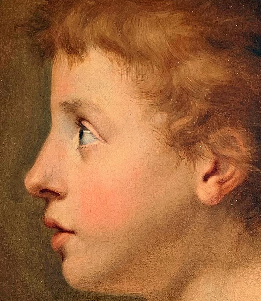 Portrait européen du XVIIIe siècle d'un Child & Child Saint Johns
Huile sur toile
19 x 14 1/4 pouces

Ce tableau, d'une grande sensibilité, a été examiné par un restaurateur professionnel qui a travaillé au Metropolitan Museum of Art et qui est