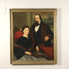 Vintage Portrait Of A Couple Oil On Canvas 20th Century