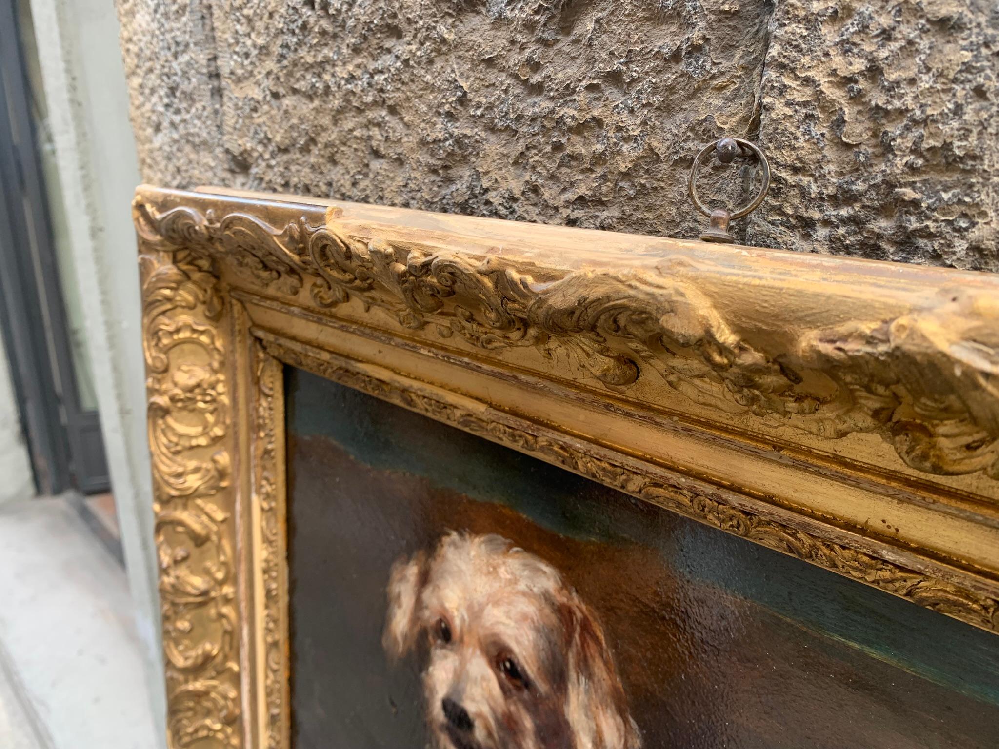 Portrait of a dog: reclining Terrier. Late 19th century. - Brown Animal Painting by Unknown
