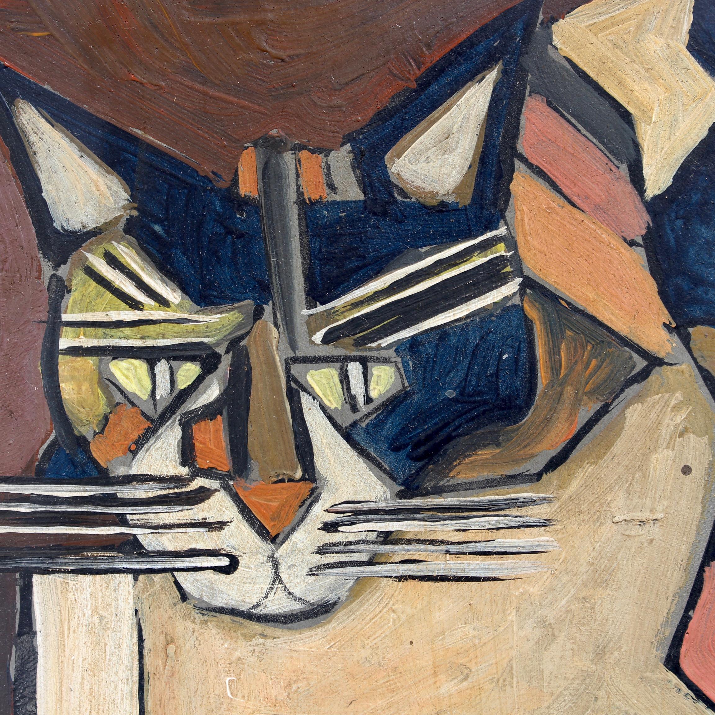 'Portrait of a Feline' by unknown artist, Ross, oil on board (circa 1960s). Without a doubt inspired by the works of the Cubists, particularly Picasso, this is a warm hearted portrait of a friendly feline in repose. Picasso himself painted stylised