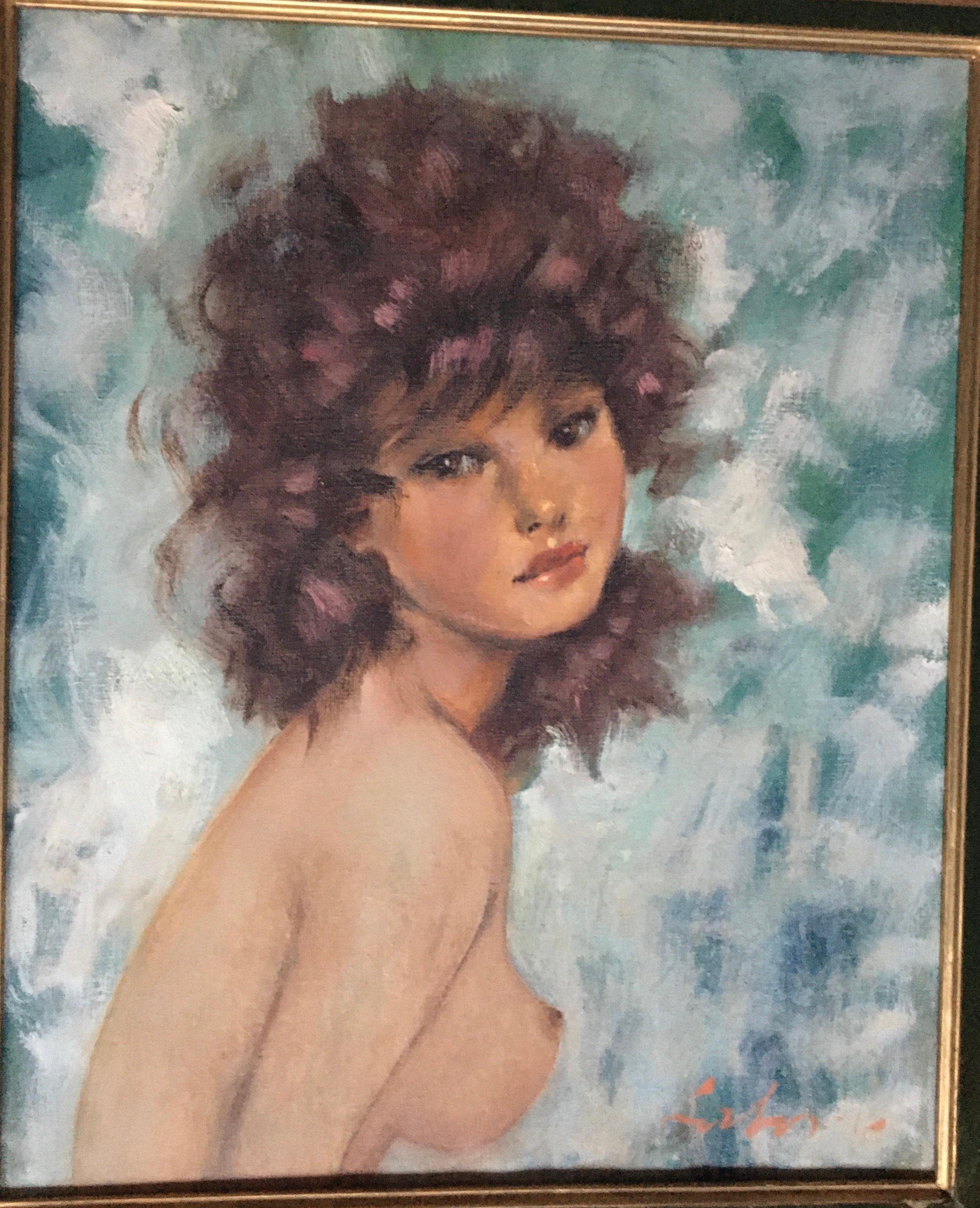 Belle huile sur toile de l'école française des années 60 représentant de manière très sensuelle une jeune fille en buste nu.
La composition rappelle les œuvres du célèbre Jean Gabriel Domergue, qui était le peintre 