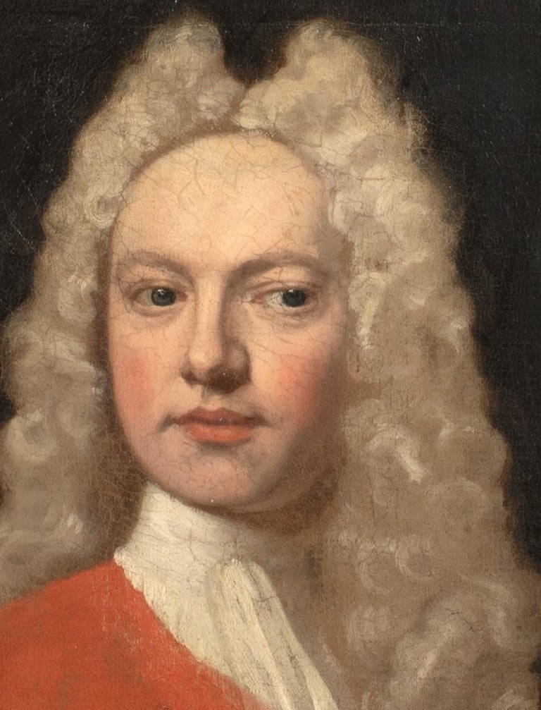 Portrait Of A Gentleman, 18th Century 

English School

Large 18th Century English School portrait of a young Gentleman in a red jacket and powdered wig, oil on canvas. Excellent quality and condition circa 1740 portrait at half length and superb