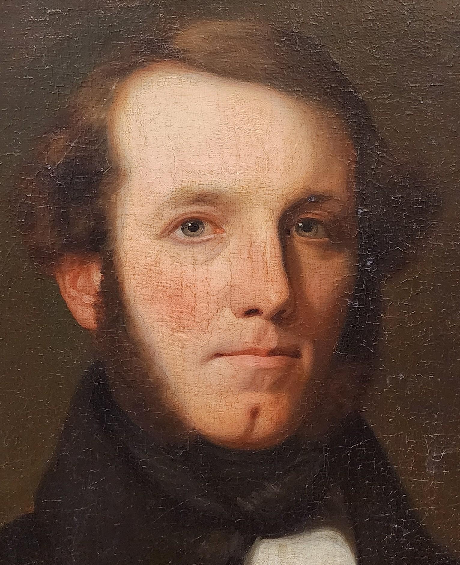 Portrait of a Gentleman, Early American Portraiture, Sideburns, Cleft Chin - Painting by Unknown
