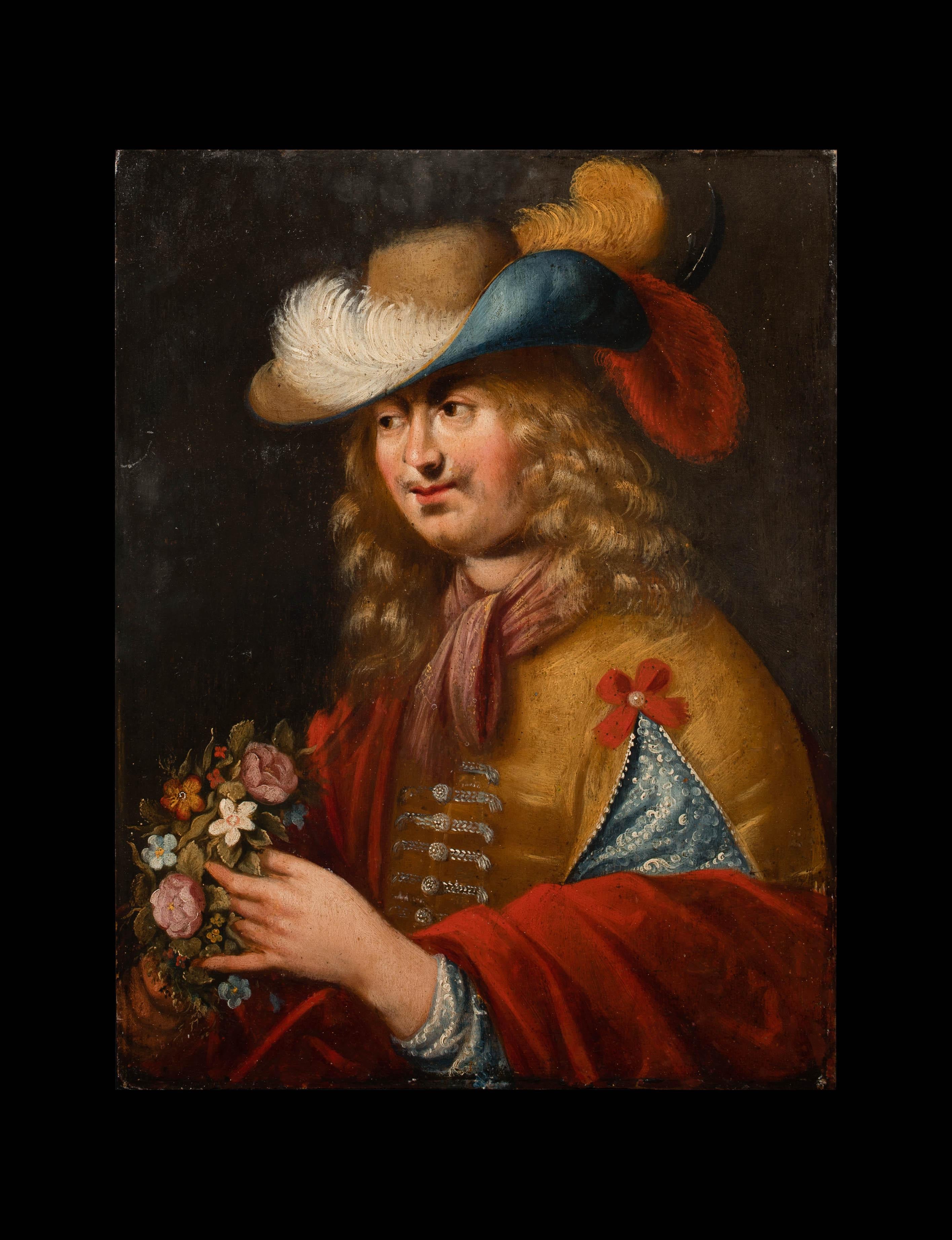 Porträt eines Gentleman, der Blumen hält, um 1600  Flämische Schule – Painting von Unknown