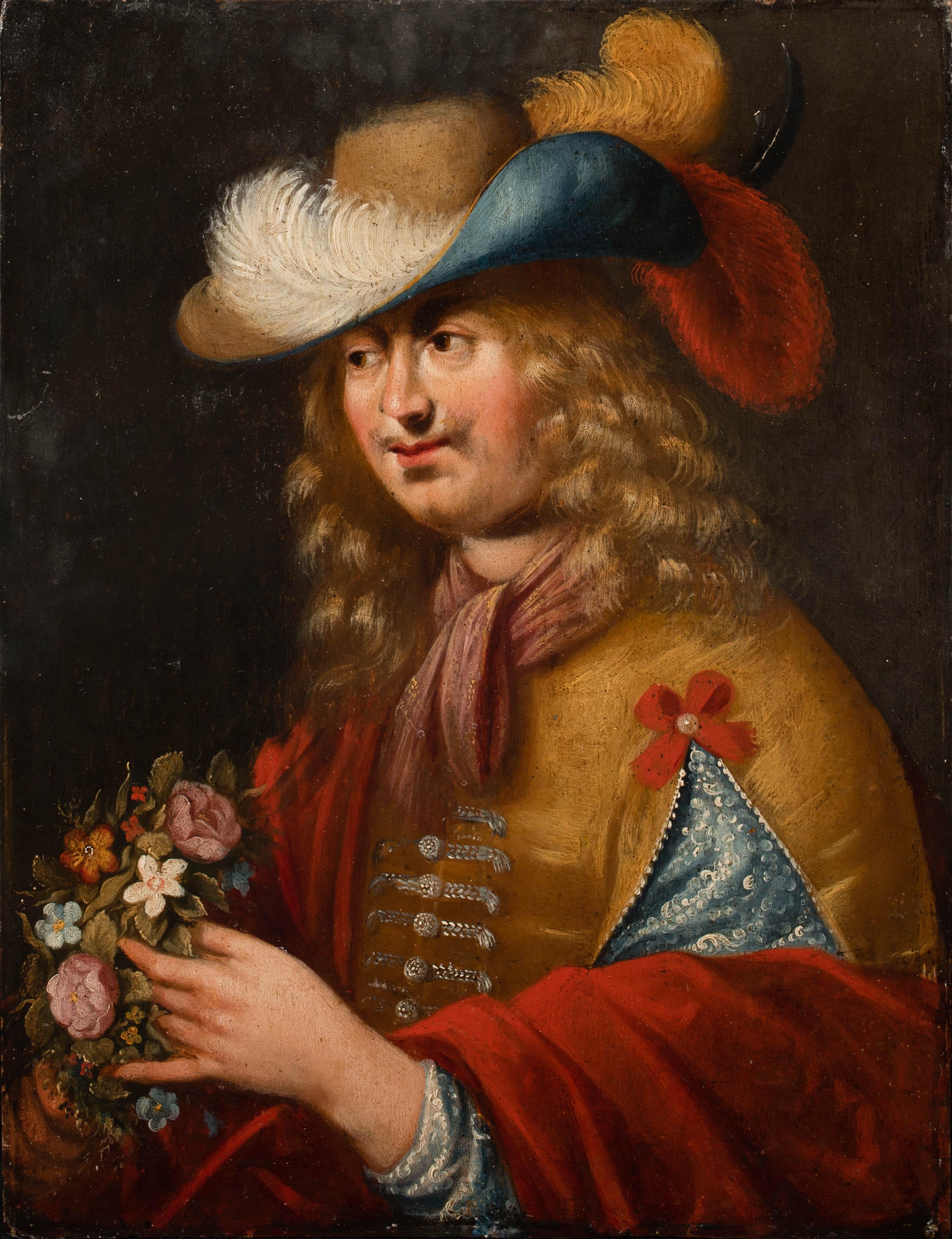 Unknown Portrait Painting – Porträt eines Gentleman, der Blumen hält, um 1600  Flämische Schule