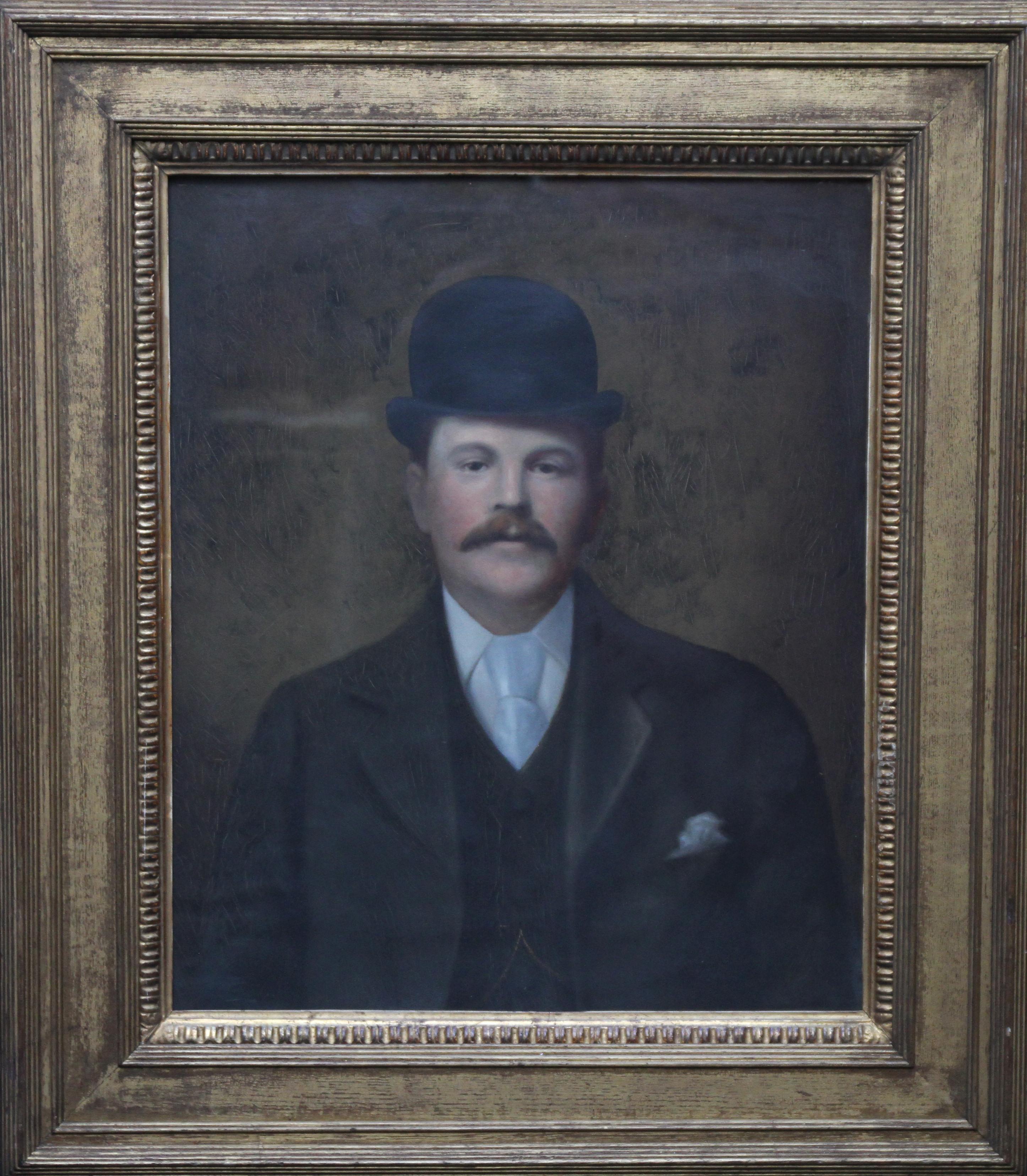 Portrait Painting di Unknown - Ritratto di gentiluomo con cappello a bombetta - arte britannica della fine del XIX secolo