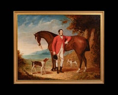 Portrait Of A Gentleman In Fox Hunting Attire With Horse & Hounds, 19th Century