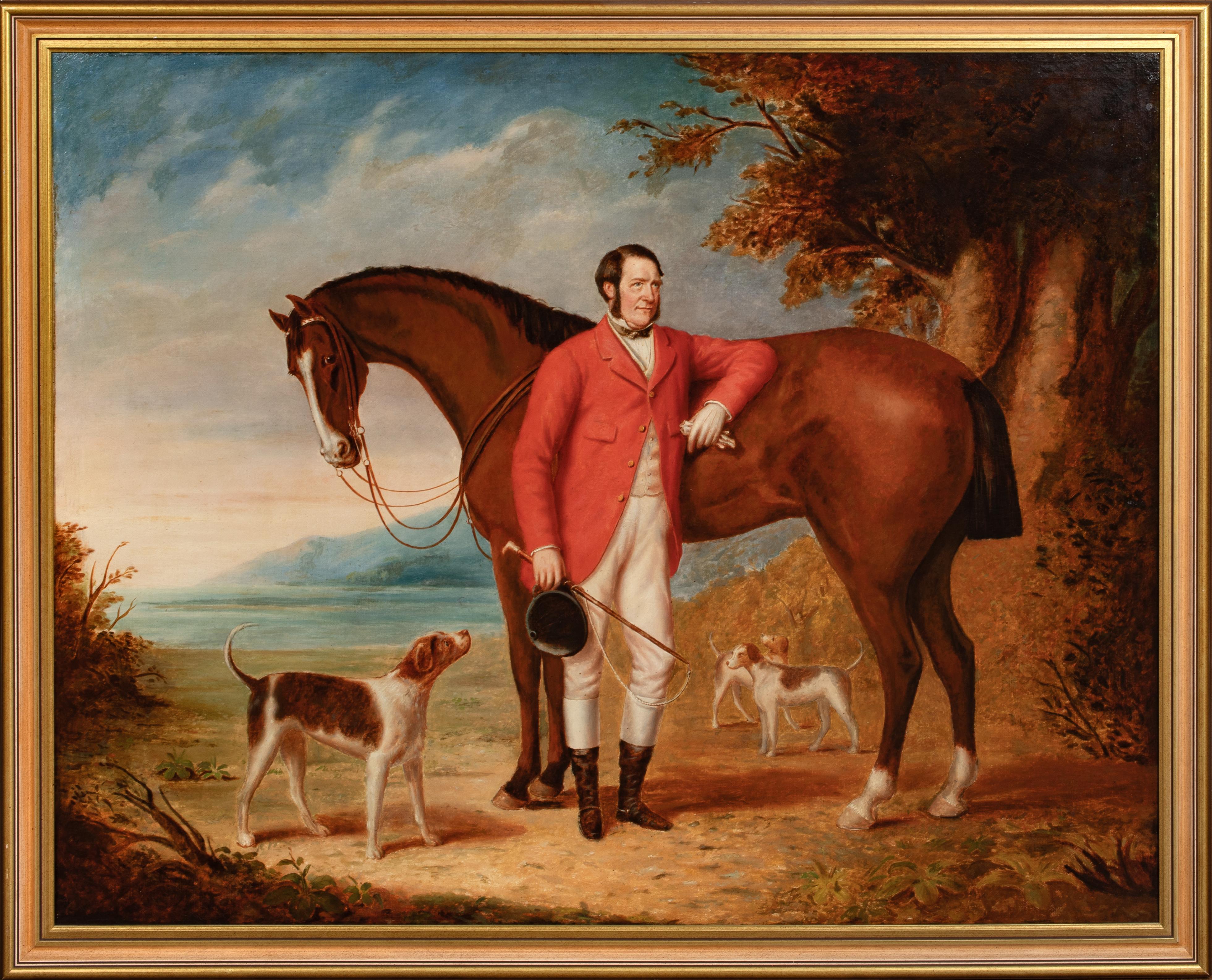 Portrait Of A Gentleman In Fox Hunting Attire With Horse & Hounds, 19th Century