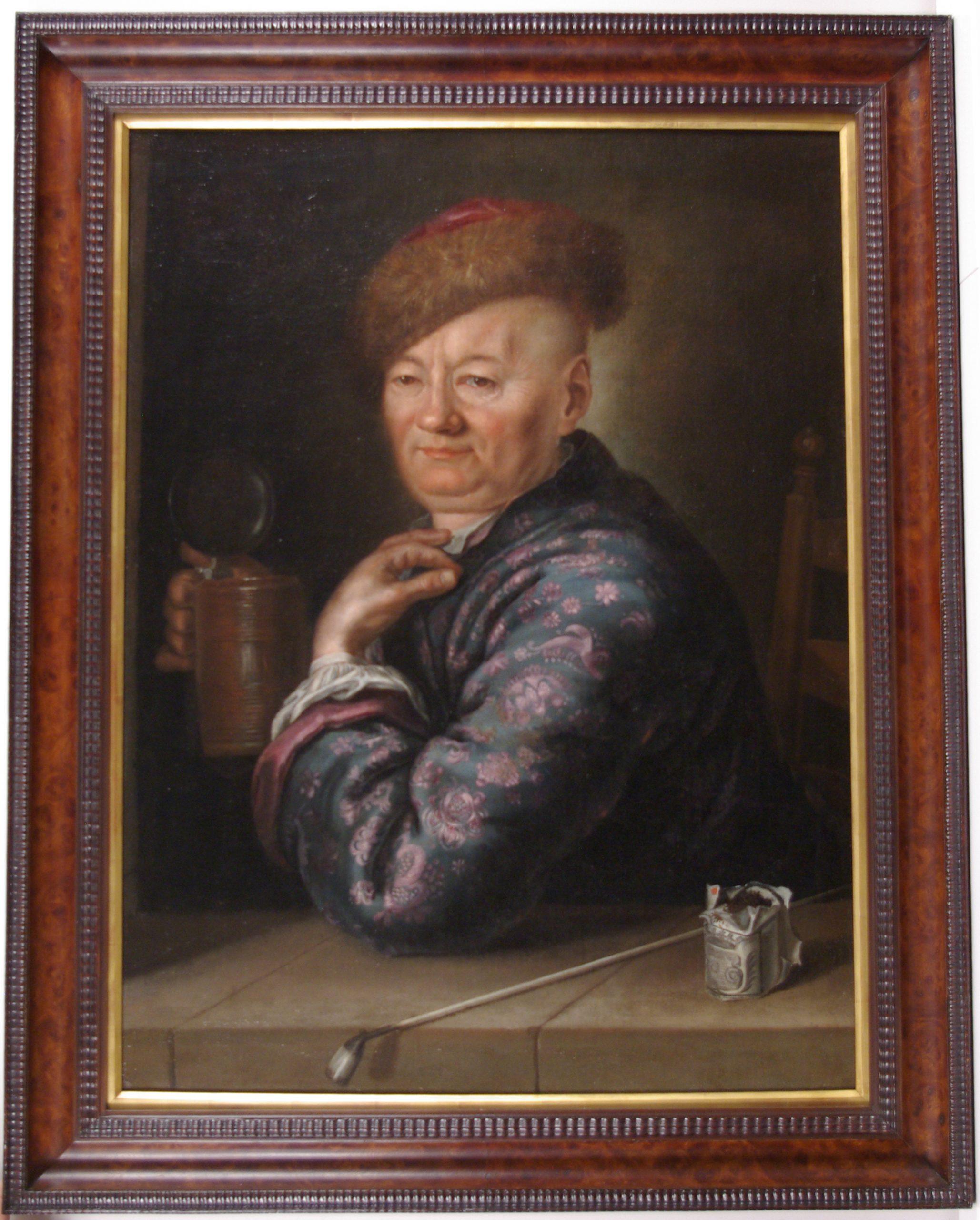 Portrait of a Gentleman wearing a Smoking Jacket, and Fur Hat, seated beside a L - Painting by Unknown