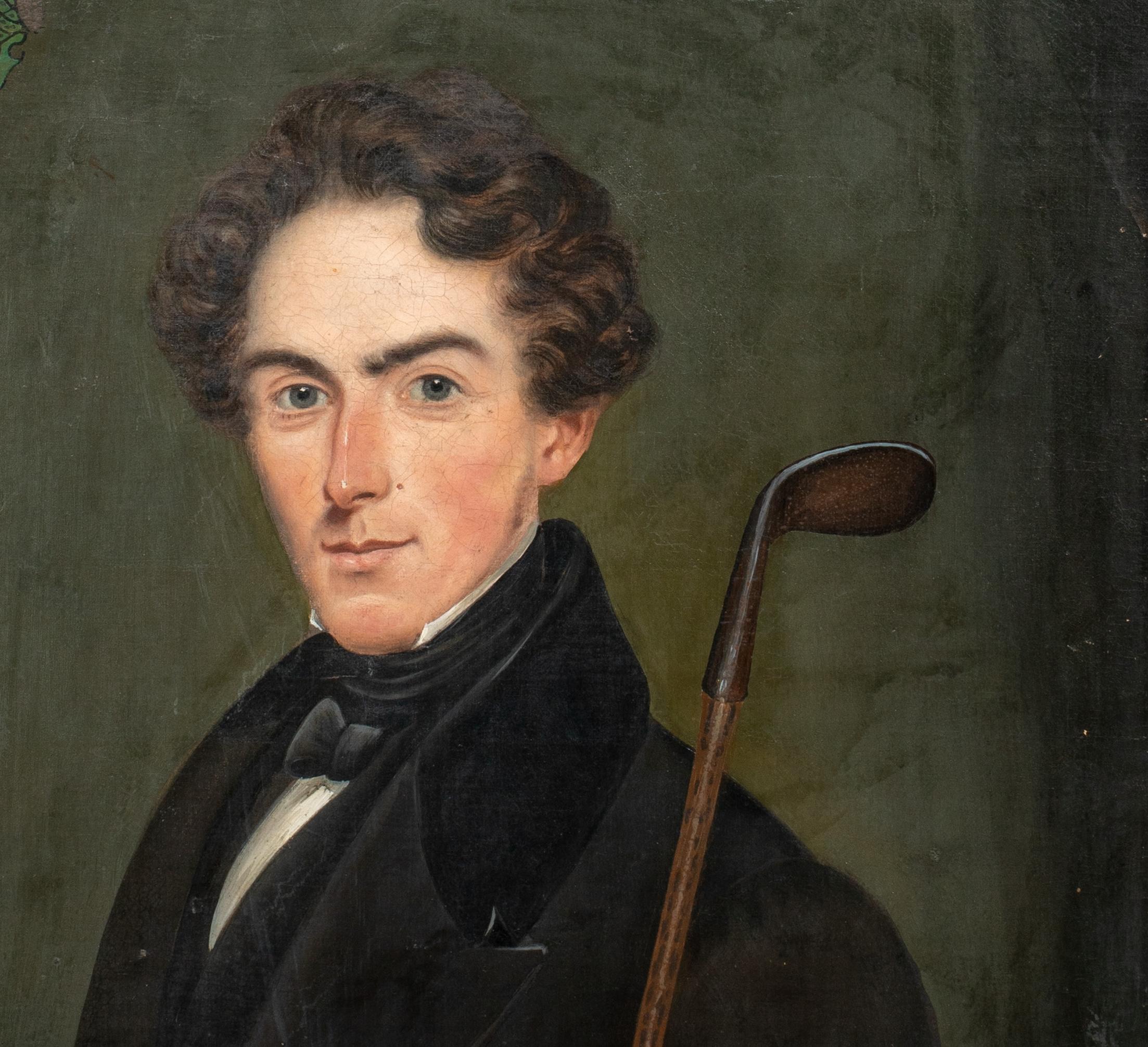 Portrait Of A Gentleman With A Golf Club, circa 1810

English School - Rare Golfing Portrait - one of a pair with family coat of arms

Large early 19th Century English School portrait of a gentleman with a golf club, oil on canvas. Rare circa 1810