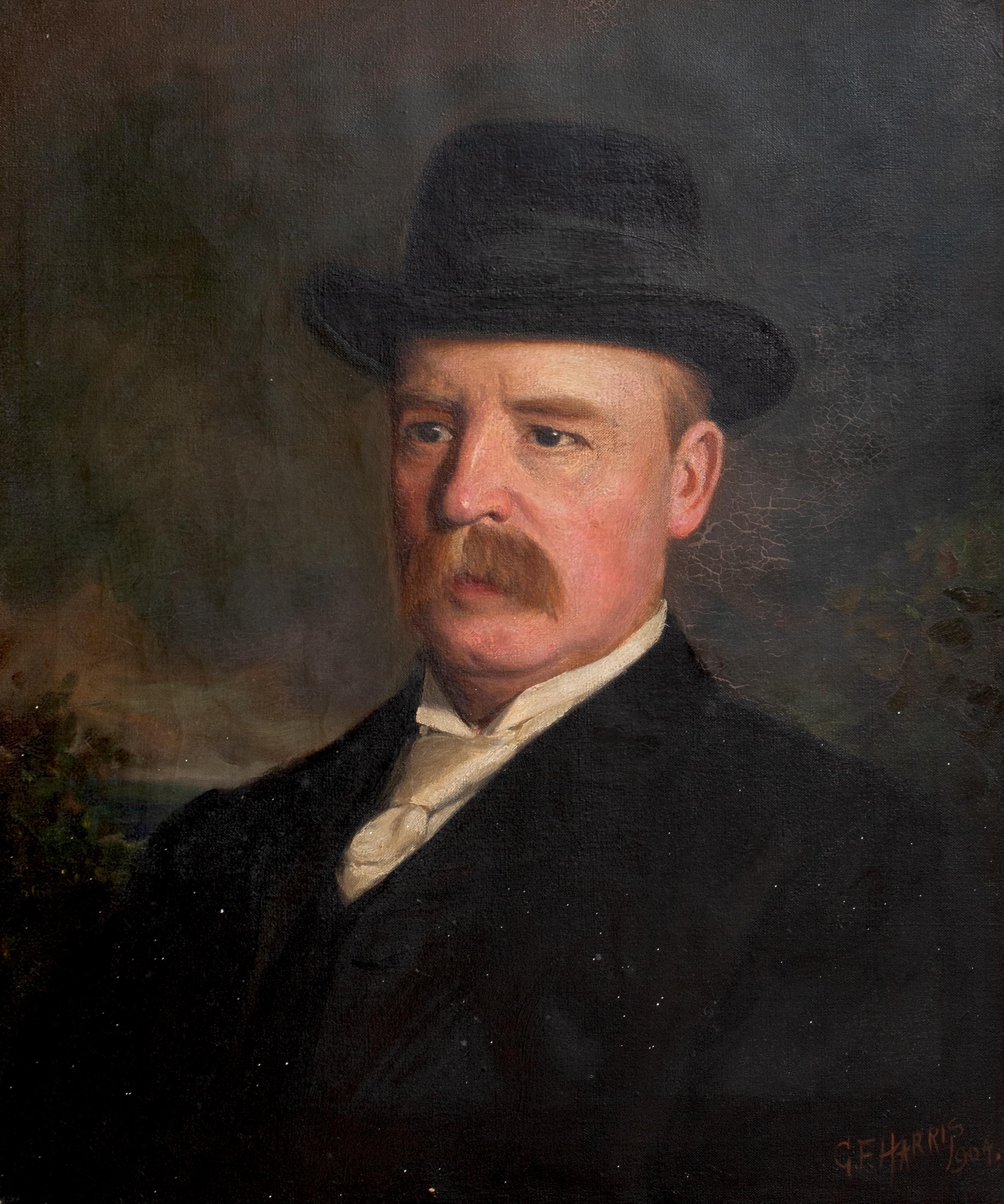 Portrait Of An Birmingham Industrialist, dated 1904 

by George F. HARRIS   (1856-1924) Birmingham Society Painter

Large 1904 Late Victorian era portrait of a Birmingham Industrialist, oil on canvas by George F Harris. Excellent quality and