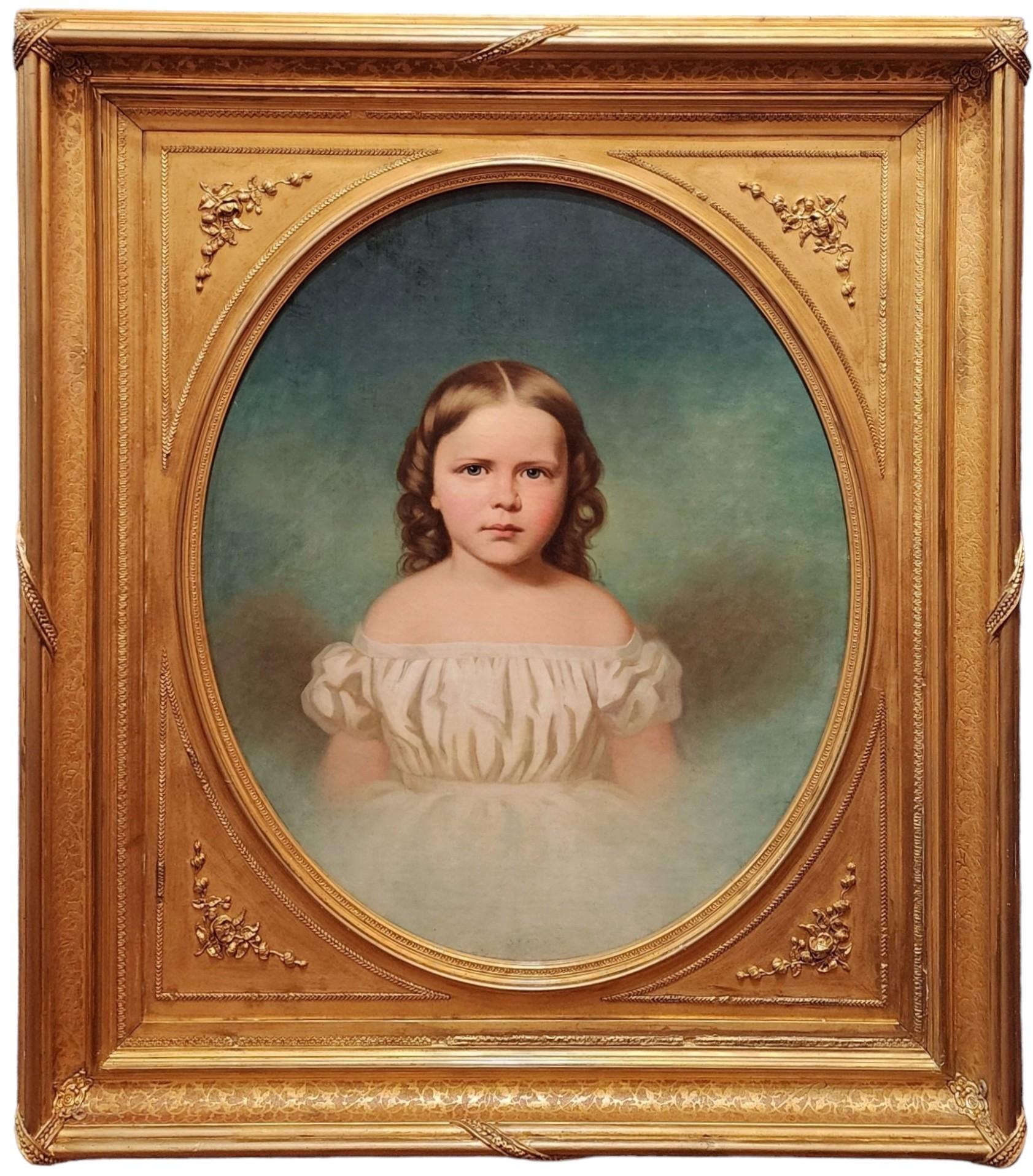 Portrait Painting Unknown - Portrait d'une fille, portrait américain, yeux bleus, robe blanche, excellent 
