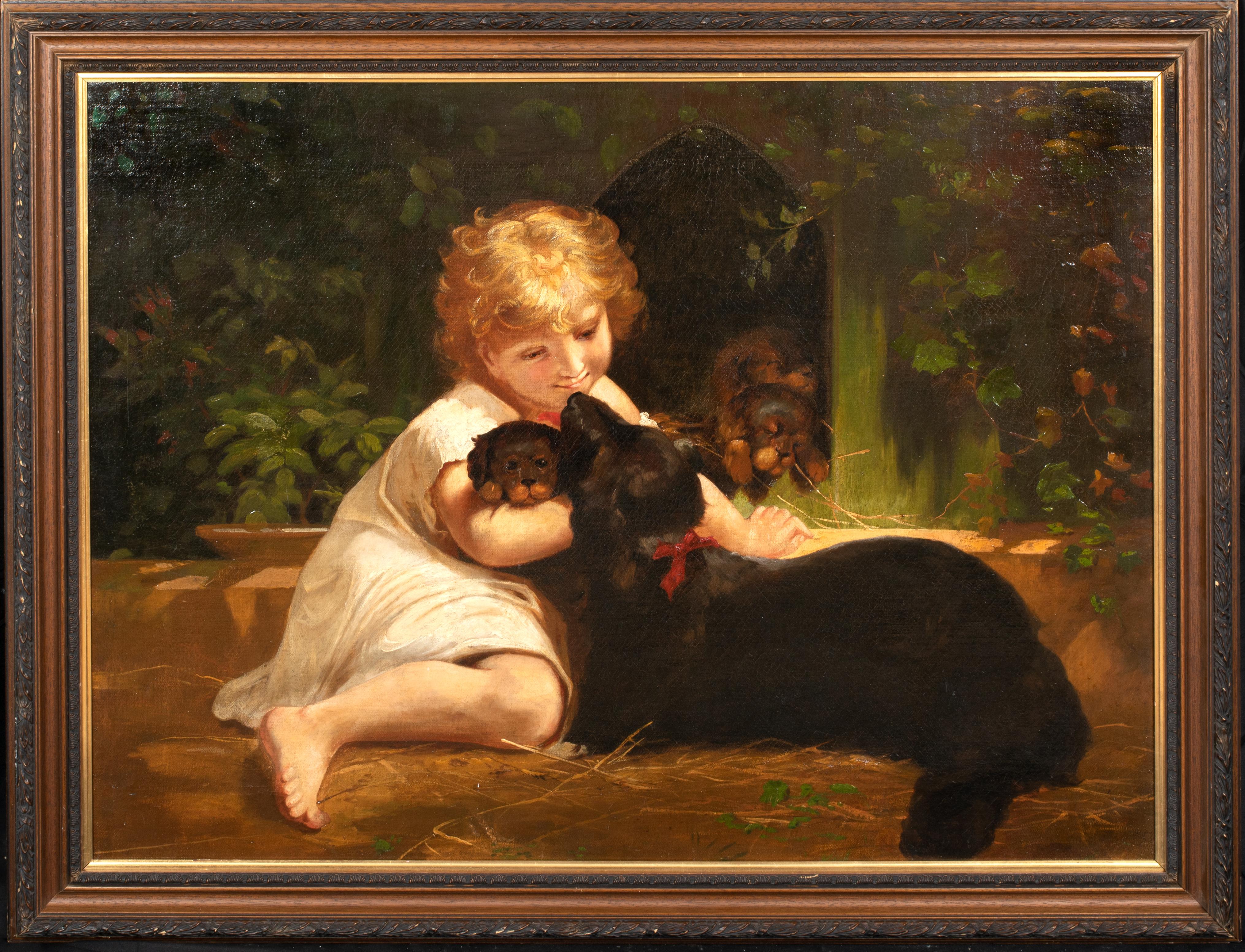 Portrait Of A Girl, Dachshund & Puppies, 19th Century - Painting by Unknown