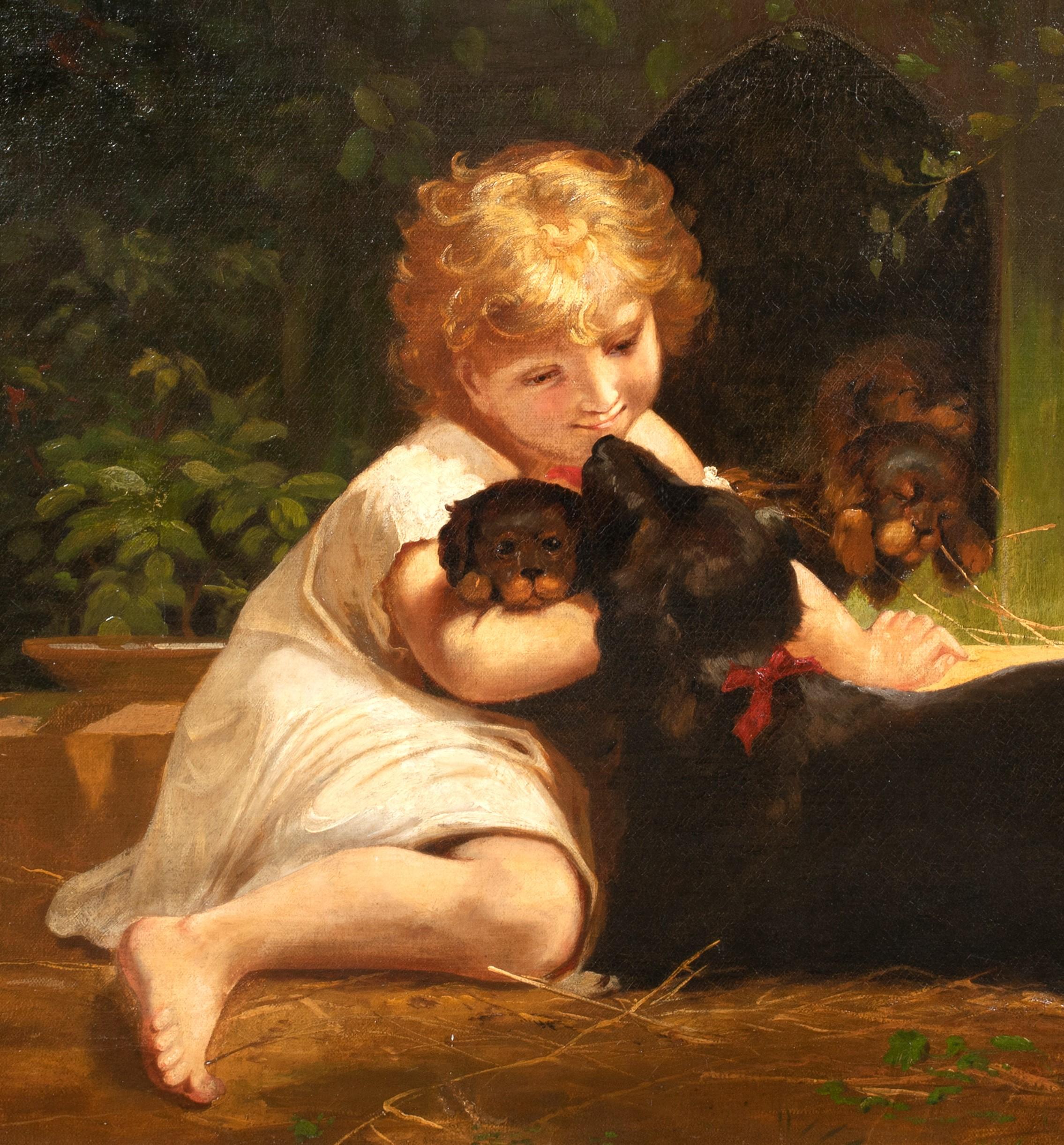 Portrait Of A Girl, Dachshund & Puppies, 19th Century - Brown Portrait Painting by Unknown