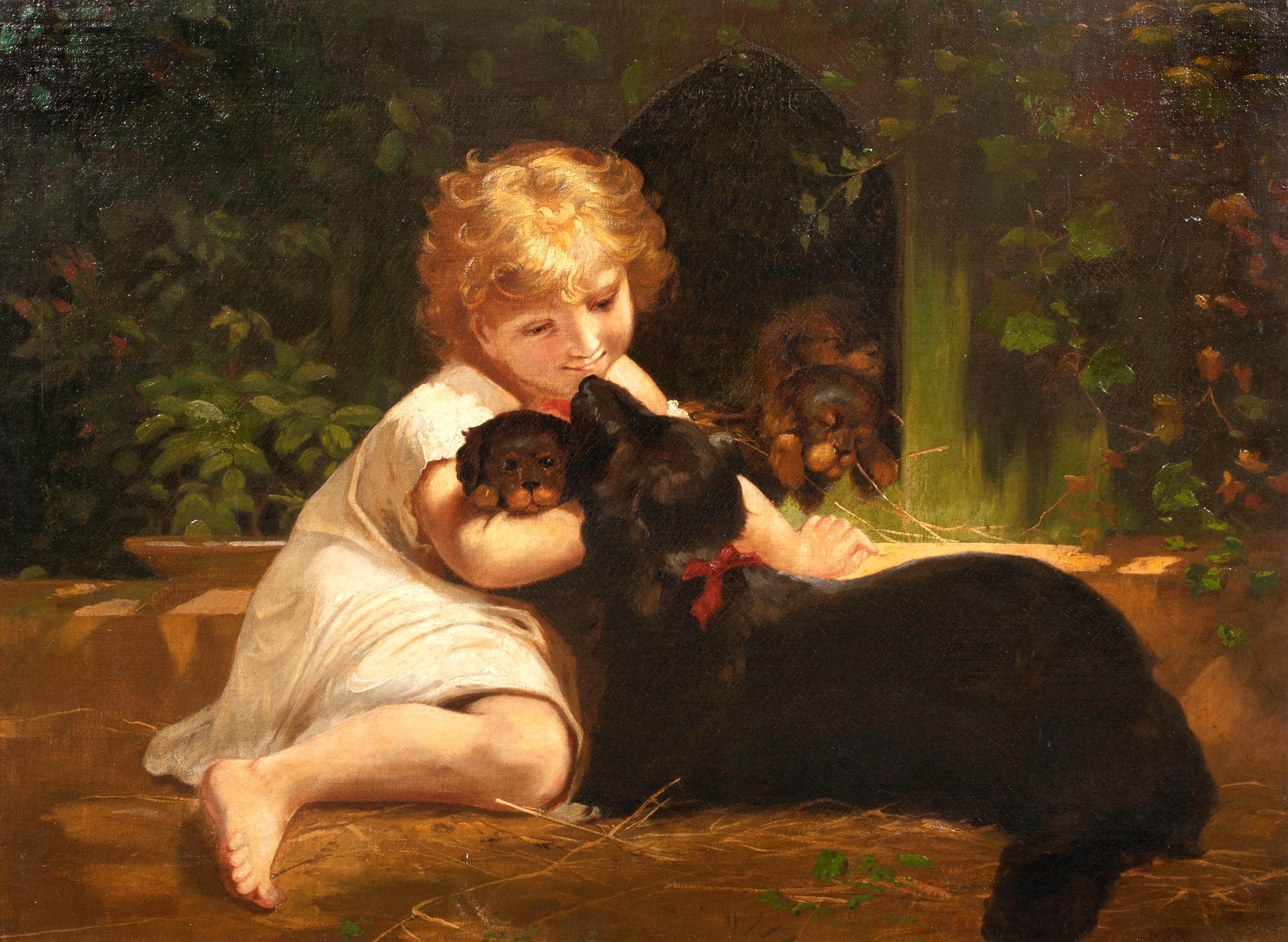 Unknown Portrait Painting - Portrait Of A Girl, Dachshund & Puppies, 19th Century
