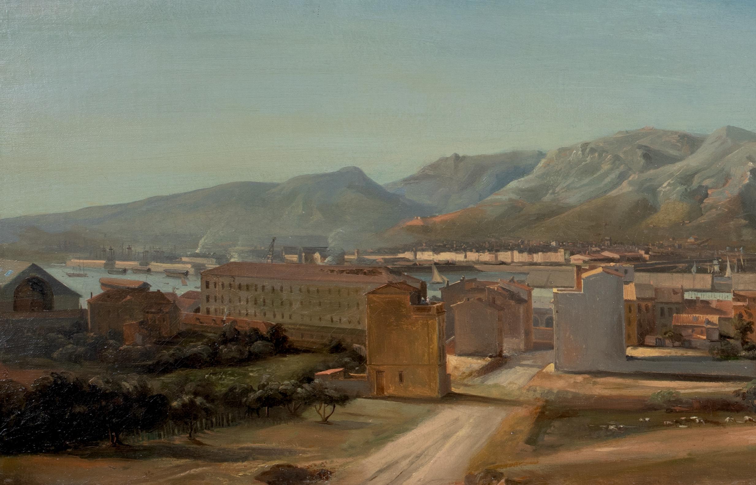 View of Toulon, France, dated 1848

signed indistinctly 

Large 19th Century view of Toulon, France, oil on canvas, signed indistinctly. Excellent quality and condition view of the approach to the historic city on the French Riviera with the harbour