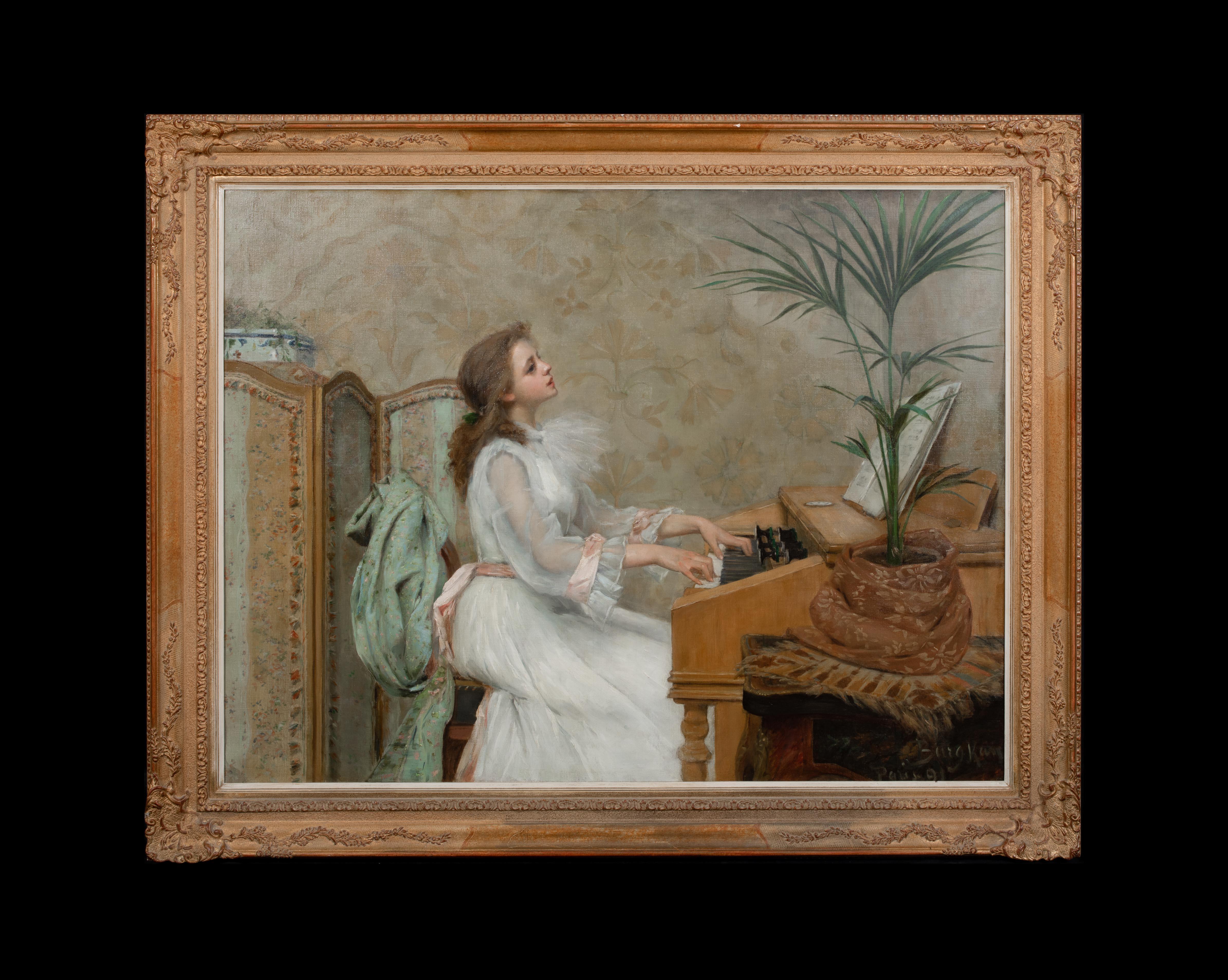 Portrait Of A Girl Playing The Piano, 19th Century  by Berthe BURGKAN 1855-1936 - Painting by Unknown