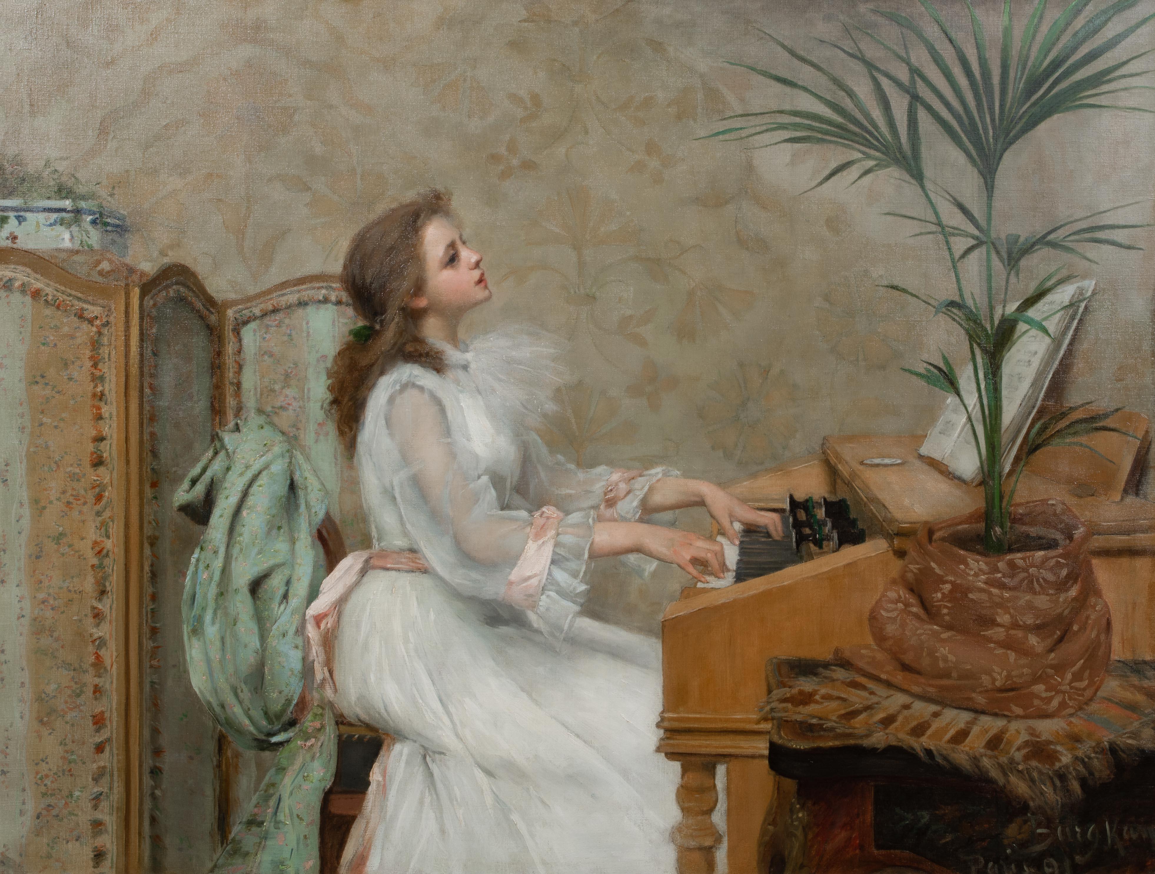 Porträt eines Mädchens, das Klavier spielt, 19. Jahrhundert

von Berthe BURGKAN (1855-1936)

Großes französisches Porträt eines jungen Mädchens im weißen Kleid beim Klavierspiel, 19. Jahrhundert, Öl auf Leinwand von Berthe Burgkan. Ausgezeichnete