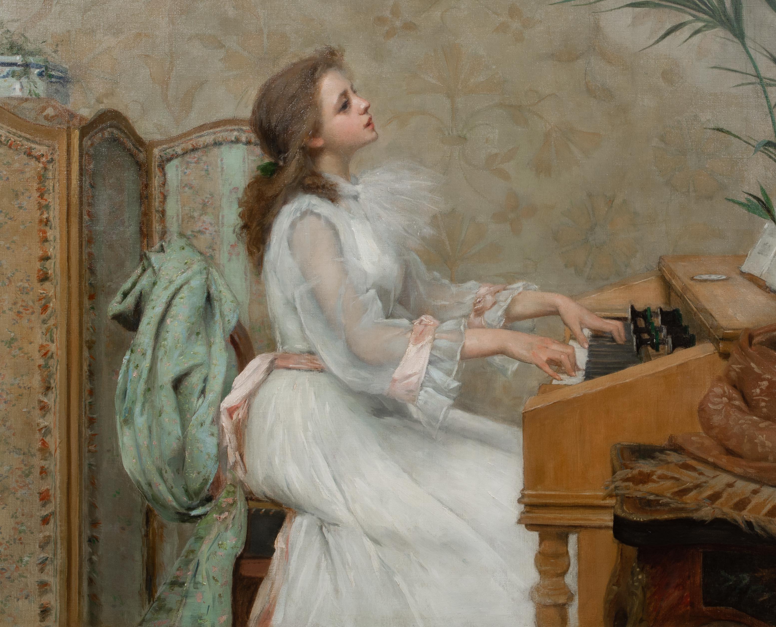 Portrait Of A Girl Playing The Piano, 19th Century

by Berthe BURGKAN (1855-1936)

Large 19th Century French portrait of a young girl in a white dress playing the piano, oil on canvas by Berthe Burgkan. Excellent quality and condition study of the