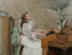 Antique Portrait Of A Girl Playing The Piano, 19th Century  by Berthe BURGKAN 1855-1936