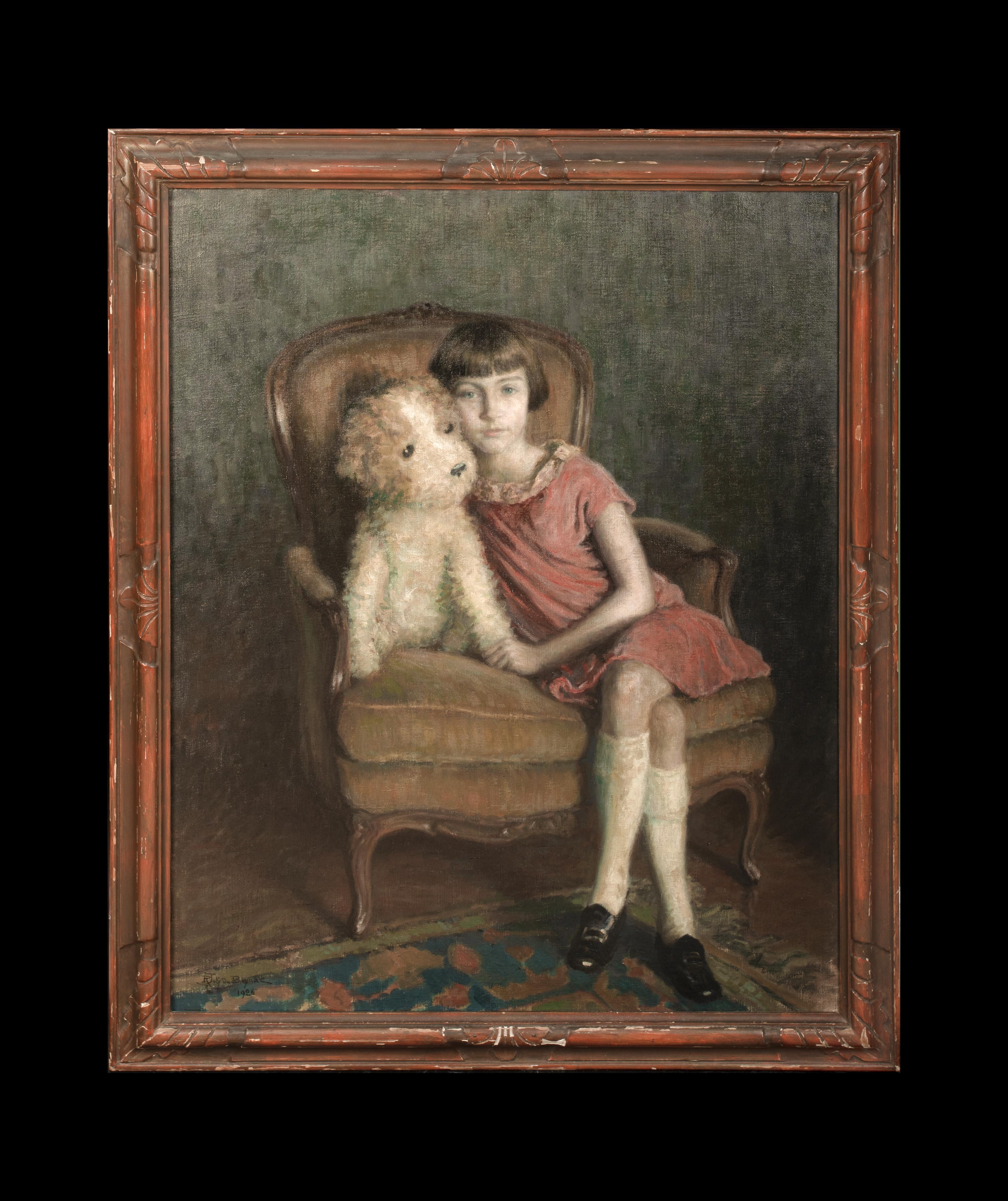 Portrait of A Girl & Toy Bear, dated 1926   by RENE MARIE JOLY DE BEYNAC  - Painting by Unknown