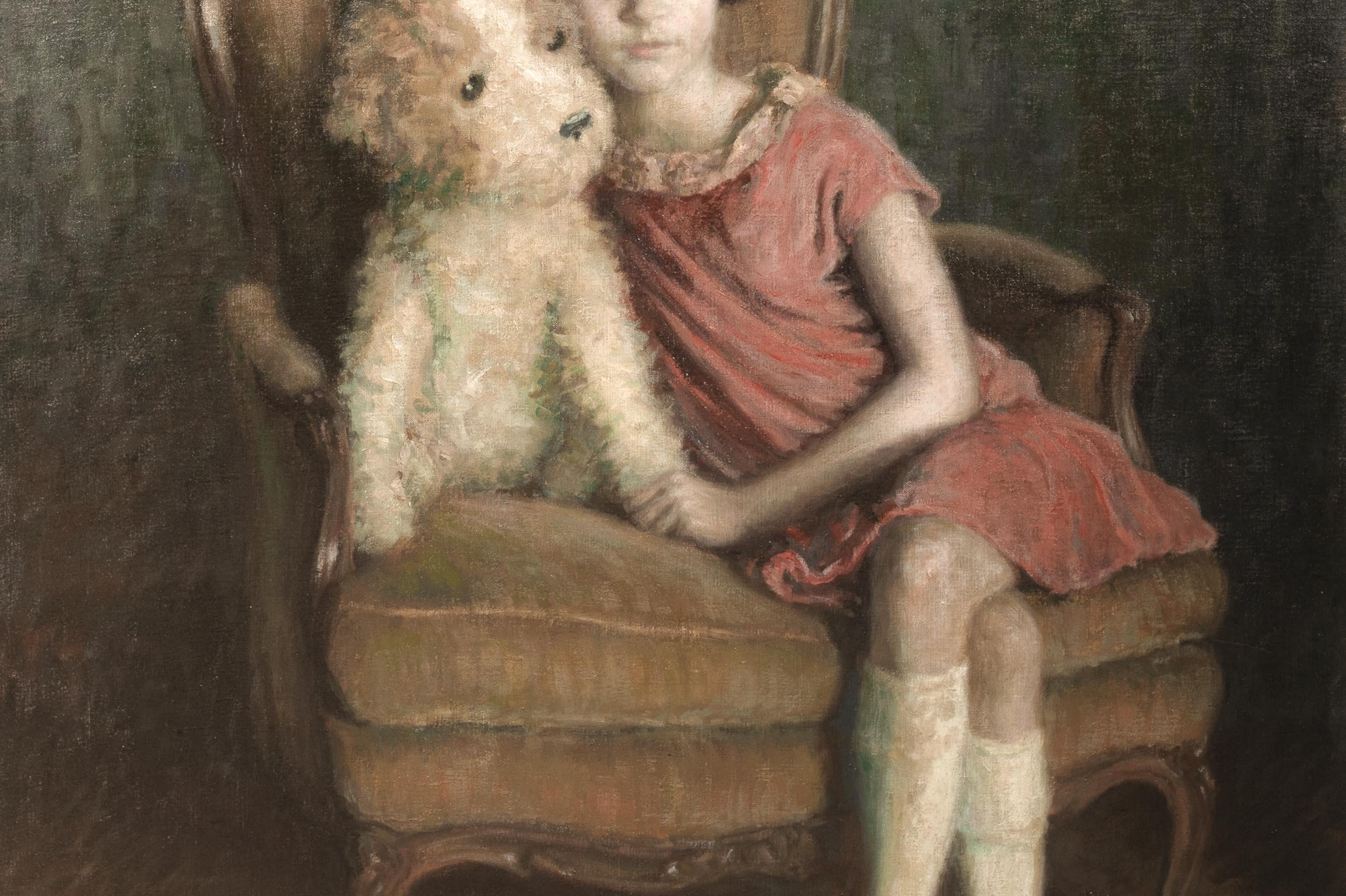 Portrait of A Girl & Toy Bear, dated 1926   by RENE MARIE JOLY DE BEYNAC  For Sale 3