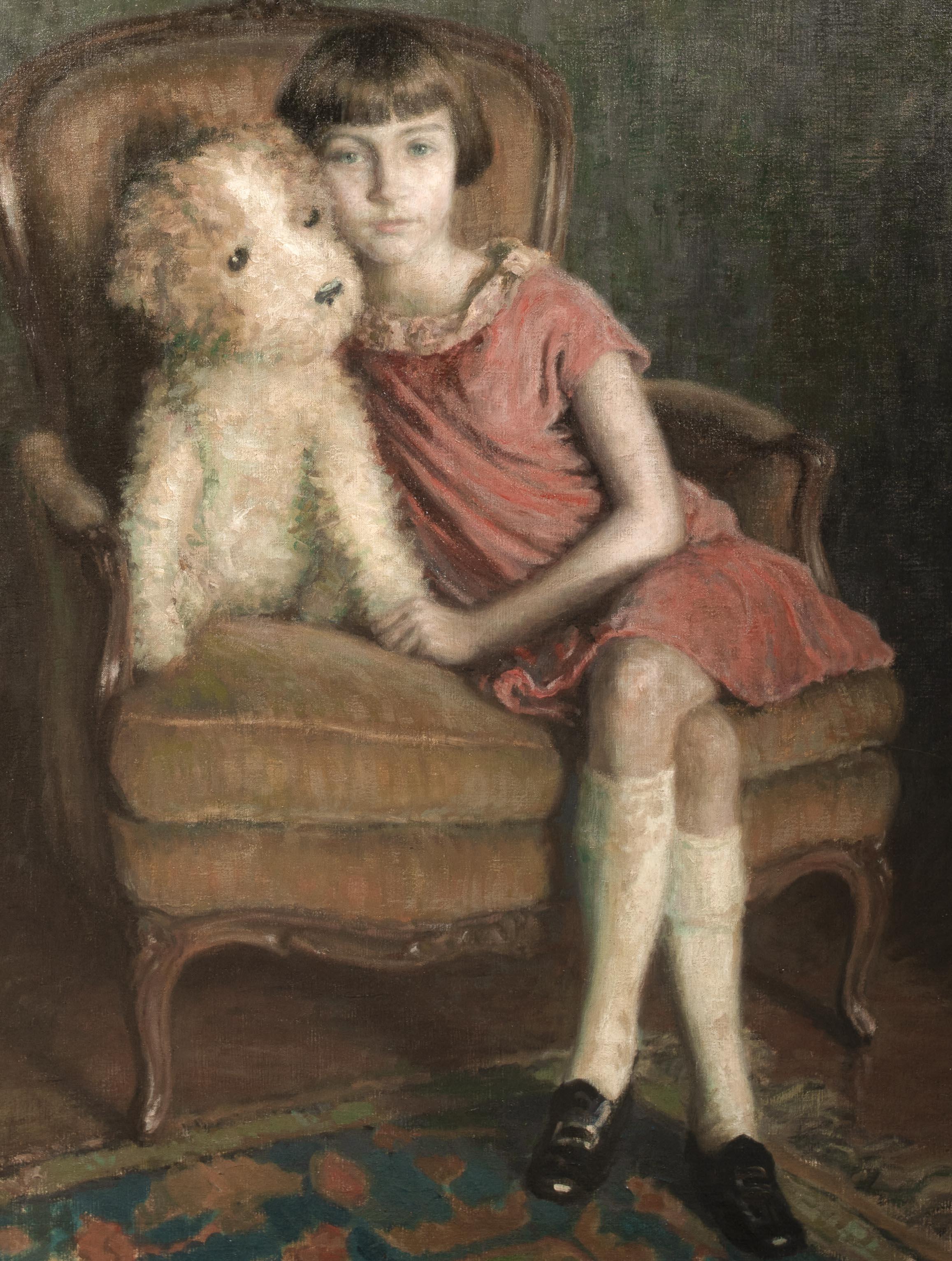 Portrait of A Girl & Toy Bear, dated 1926   by RENE MARIE JOLY DE BEYNAC  For Sale 4