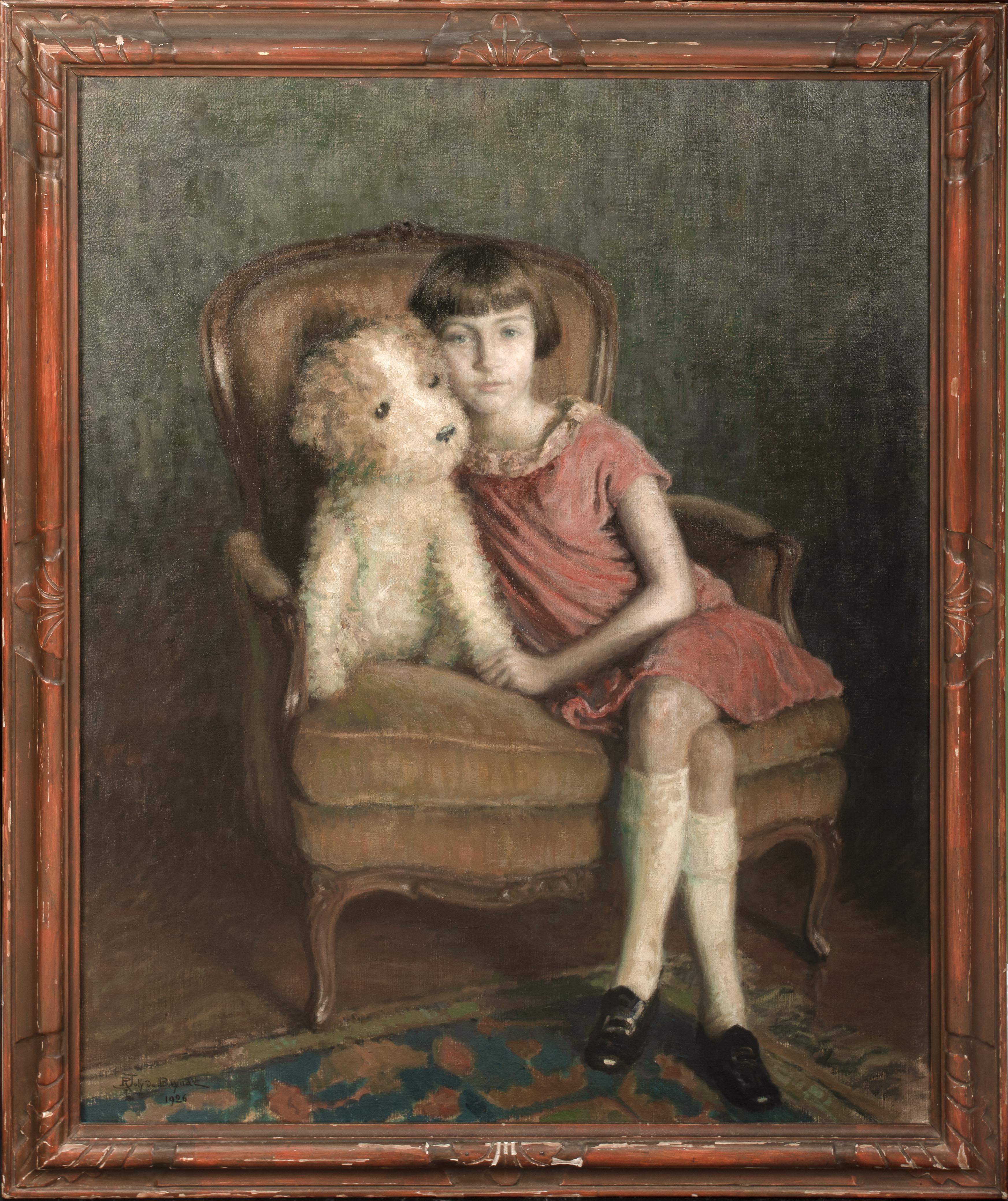Unknown Portrait Painting - Portrait of A Girl & Toy Bear, dated 1926   by RENE MARIE JOLY DE BEYNAC 