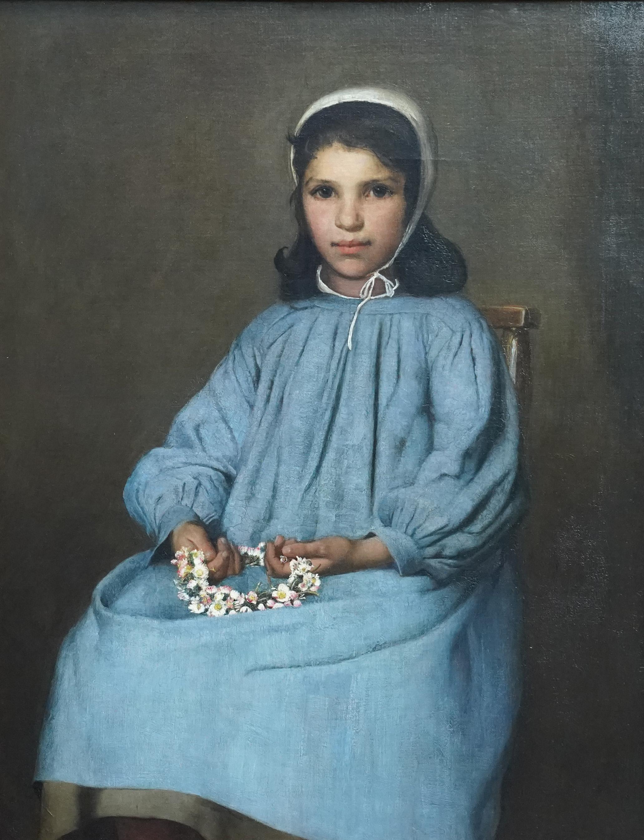 Porträt eines Mädchens mit Gänseblümchengarland - Französisches Ölgemälde der Bretoner Schule – Painting von Unknown
