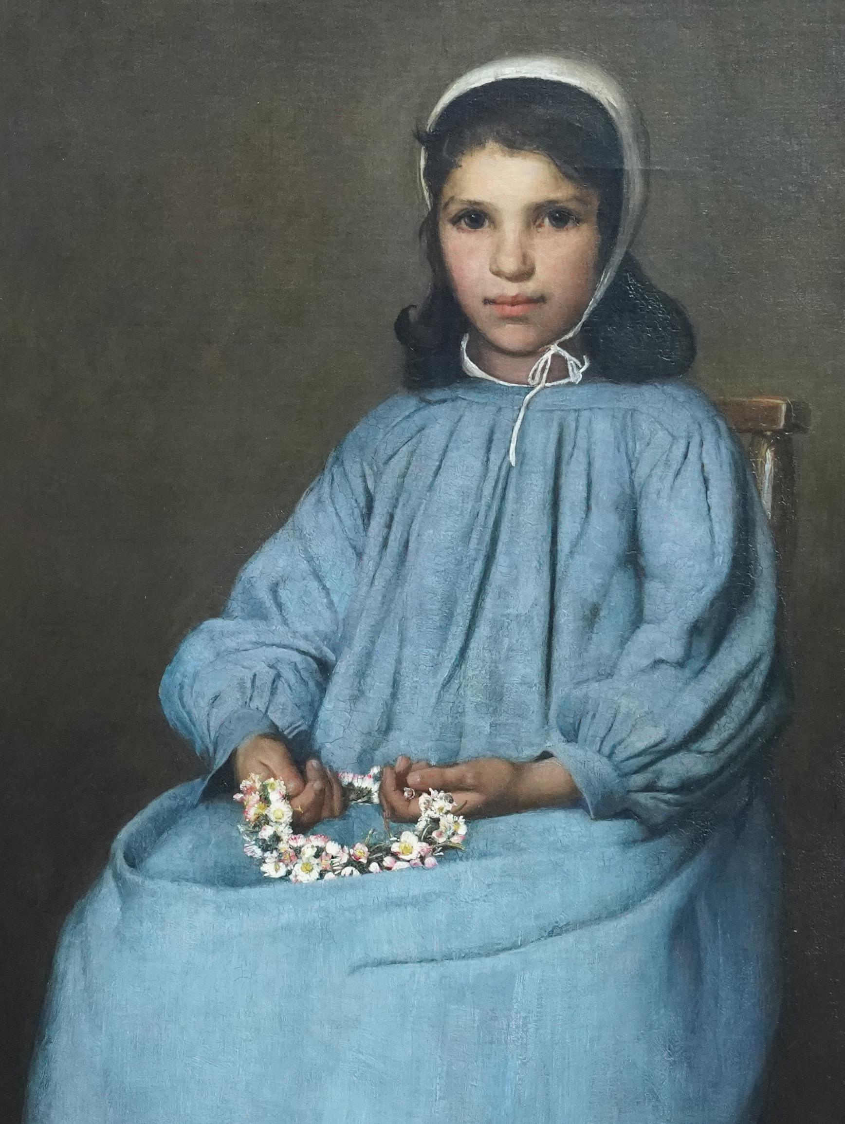Portrait of a Girl with Daisy Garland - French Breton School art oil painting - Realist Painting by Unknown