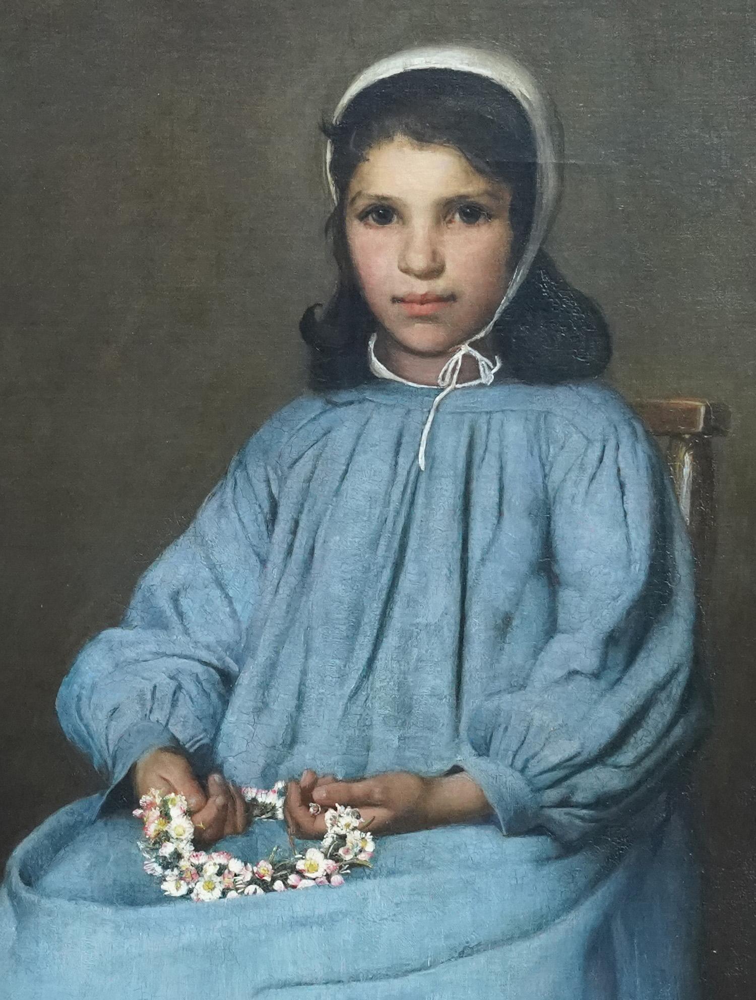 This is a superb French Breton School portrait oil painting painted circa 1880. The painting is a three-quarter length seated portrait of a young girl. She is wearing an eggshell blue dress, so often seen in Breton portraits such as that by Stanhope