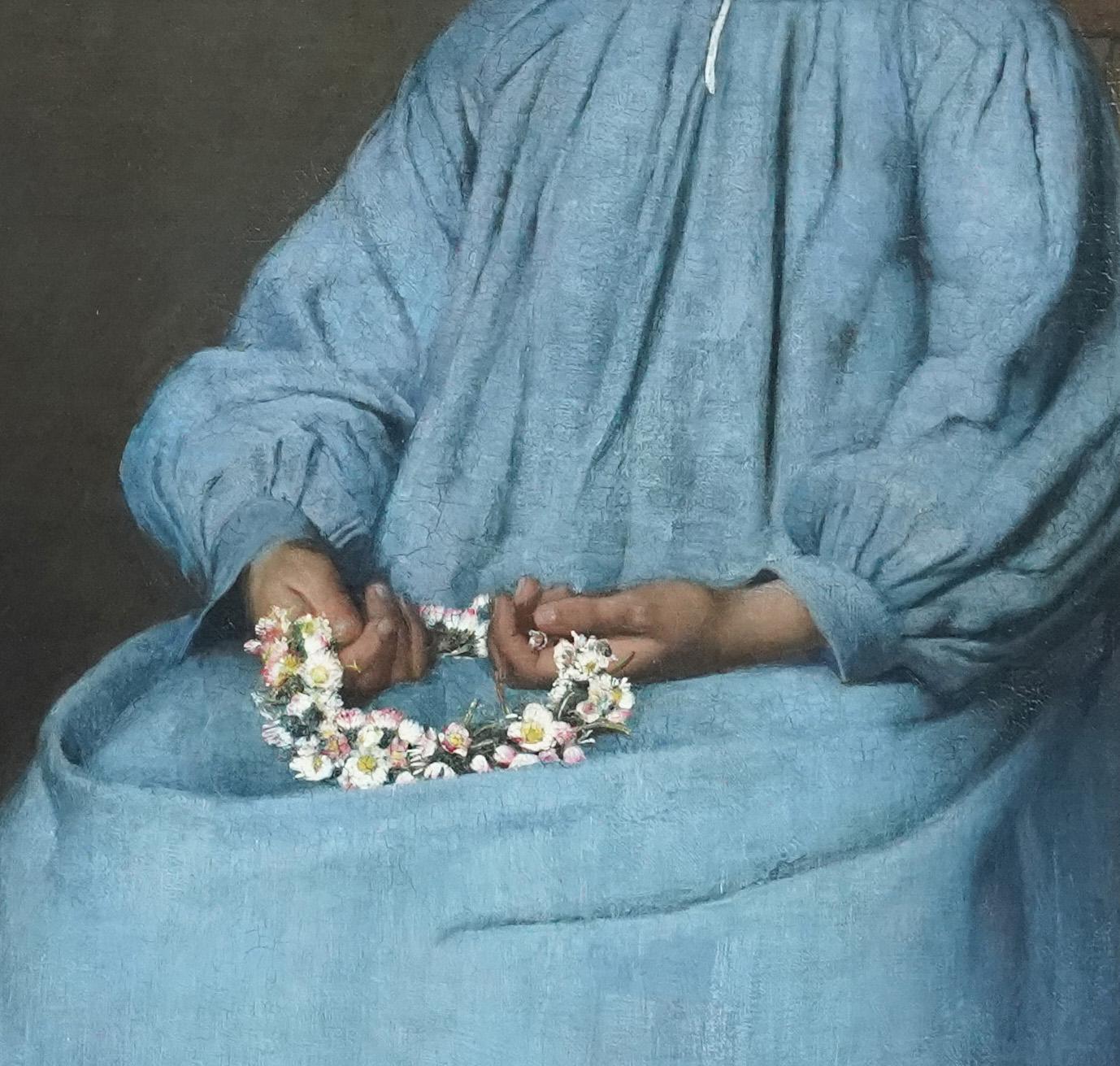 Porträt eines Mädchens mit Gänseblümchengarland - Französisches Ölgemälde der Bretoner Schule im Angebot 4