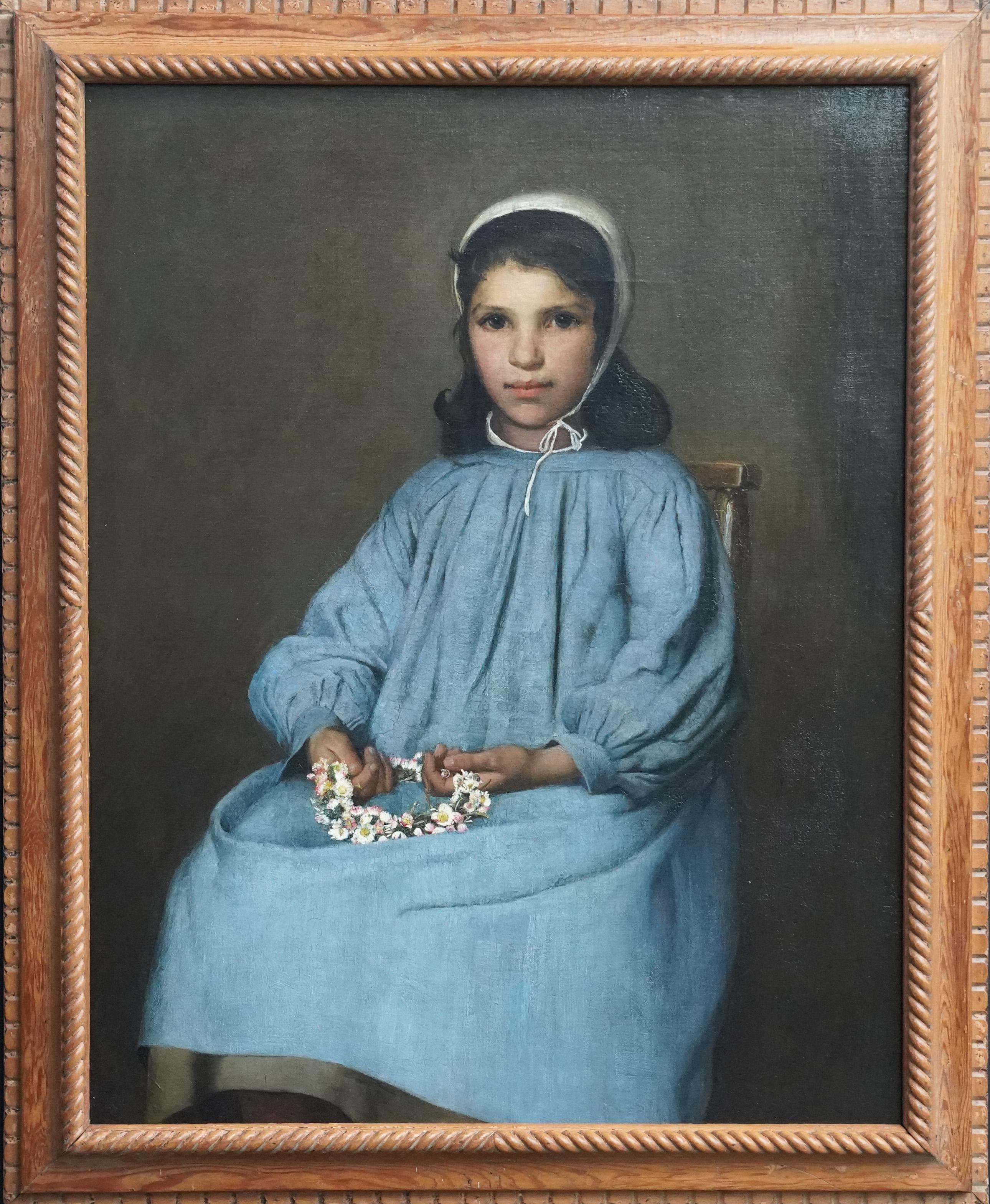 Unknown Portrait Painting – Porträt eines Mädchens mit Gänseblümchengarland - Französisches Ölgemälde der Bretoner Schule