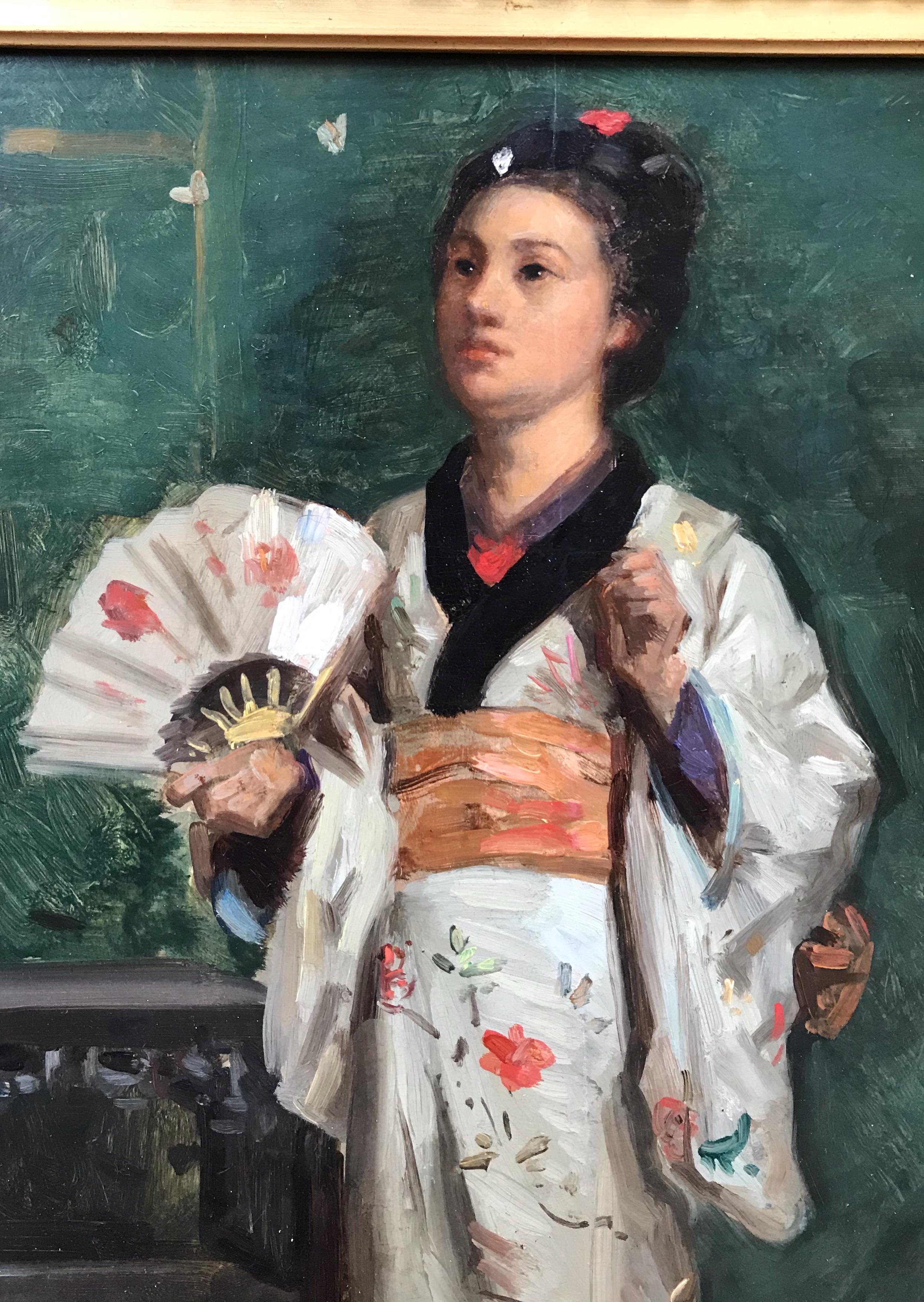 Portrait of a Japanese Woman wearing Traditional Kimono - Painting by Unknown