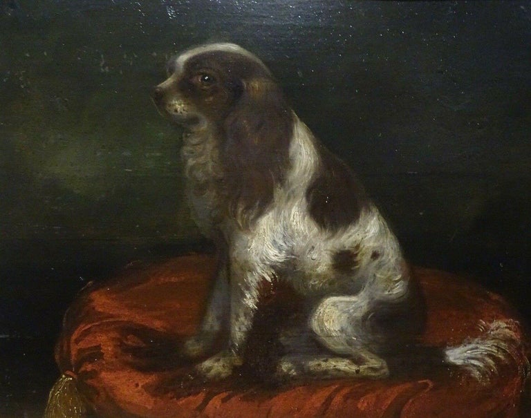 Unknown Portrait Painting - Portrait Of A King Charles Spaniel On A red Cushion, 18th Century