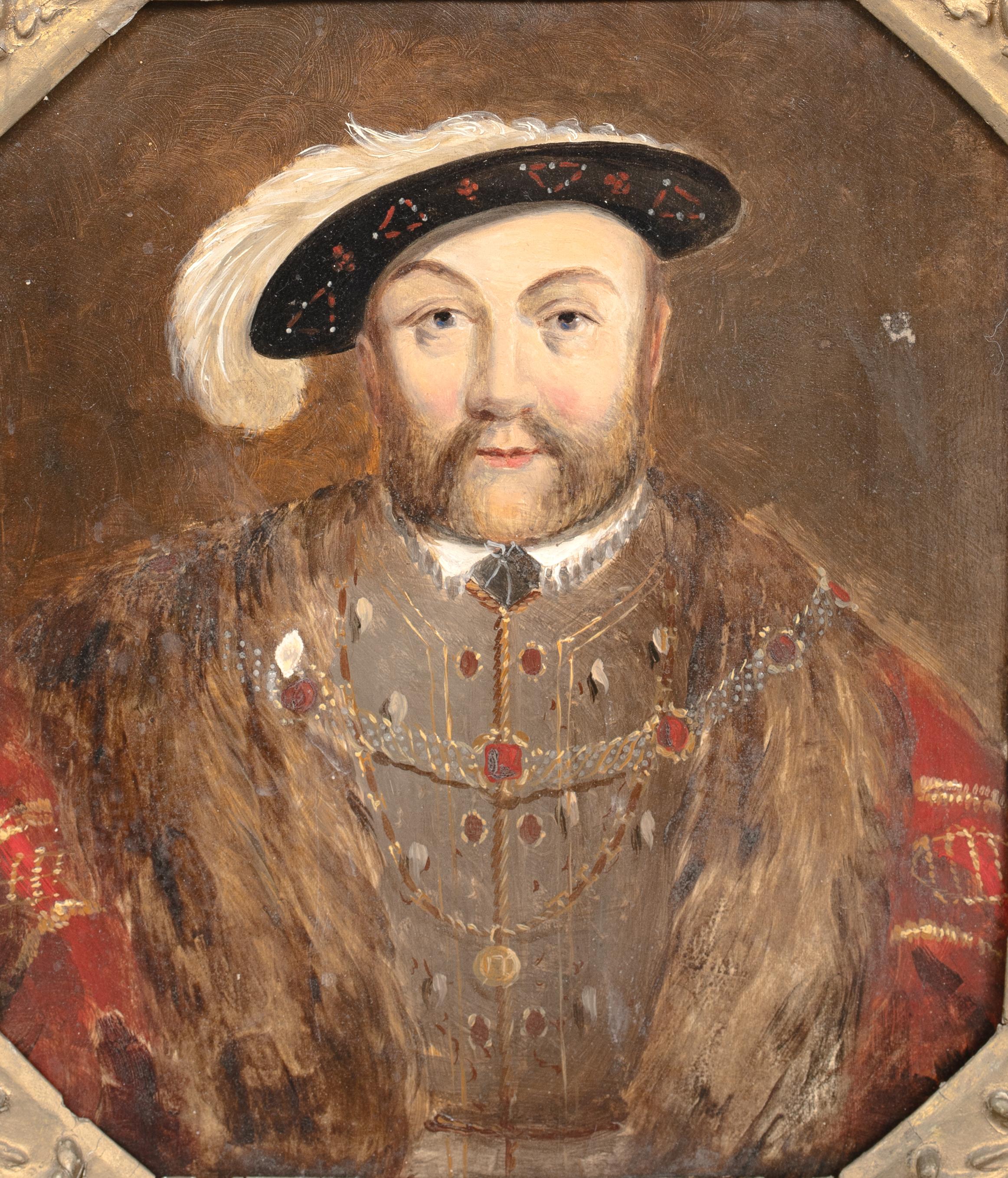 Ritratto di corte di un re Enrico VIII (1491-1547) scolpito all'inizio con cornice - Portrait Painting Marrone di Unknown