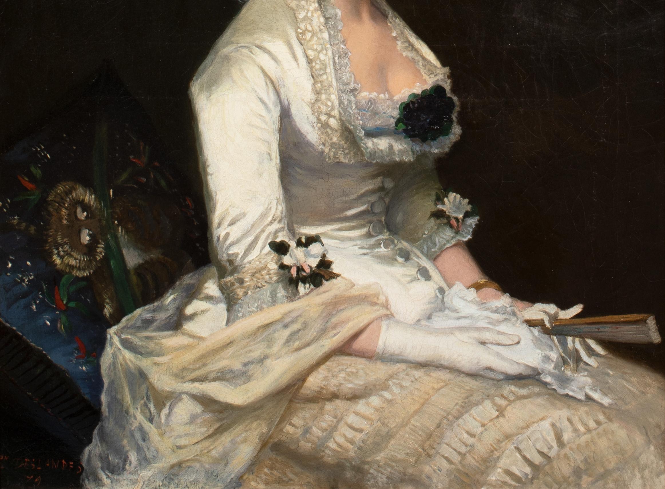 Portrait Of A Lady, circa 1880

French School

Large 19th century French School portrait of a young lady in a white hat and dress, oil on canvas. Magnificent quality three quarter length seated Parisian Society portrait of the young lady in her