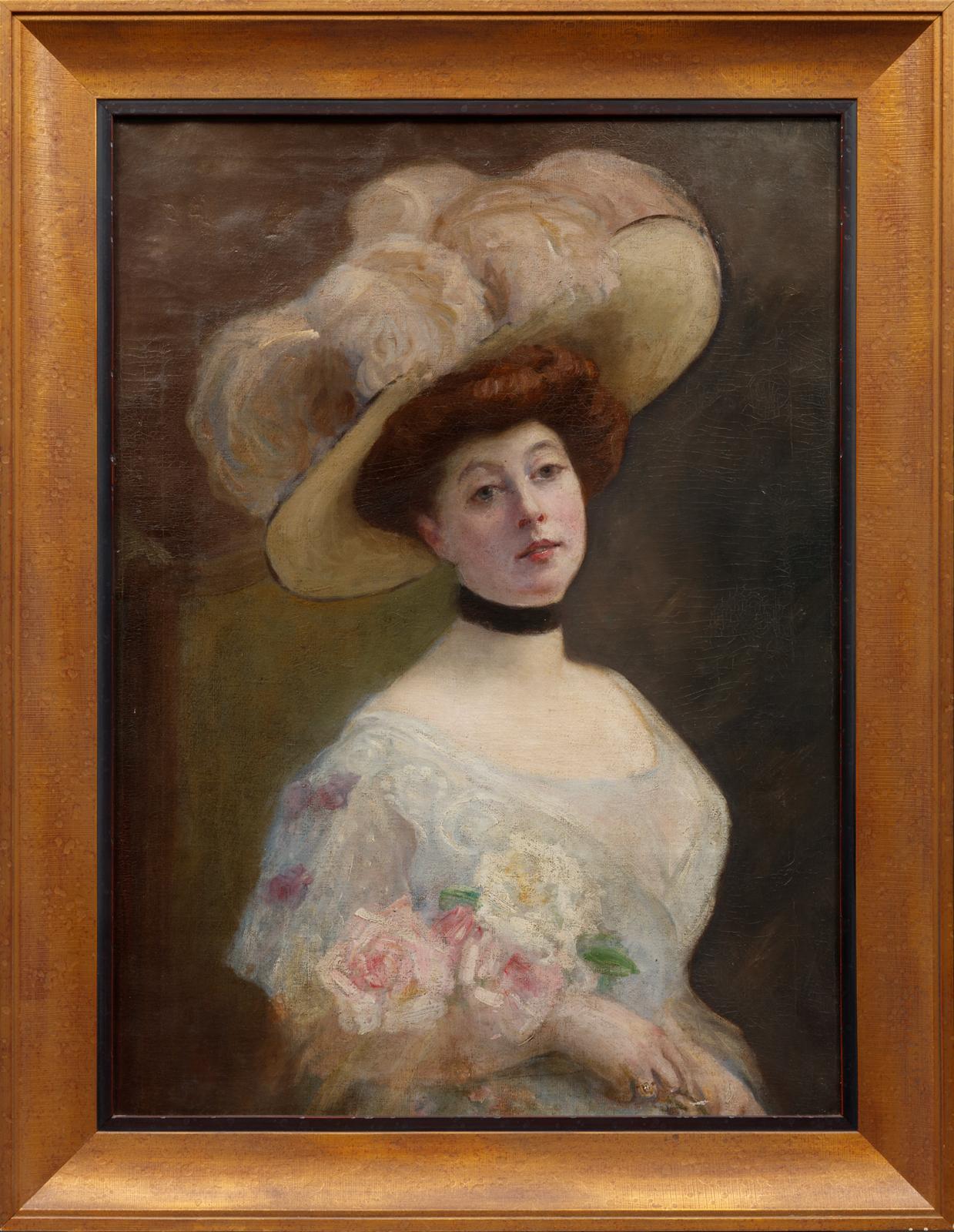 Unknown Portrait Painting – ""Porträt einer Dame"" - französisches gerahmtes antikes Ölgemälde aus dem 19. Jahrhundert