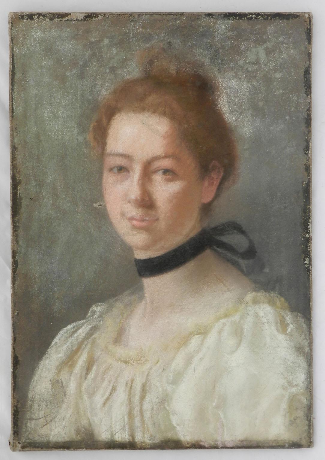 Französisches Porträt einer Dame, Pastell auf Leinwand, Gemälde, 19. Jahrhundert  (Grau), Portrait Painting, von Unknown