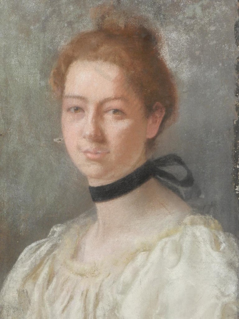 Portrait of a Lady French 19th Century Painting Pastel on Canvas  For Sale 5